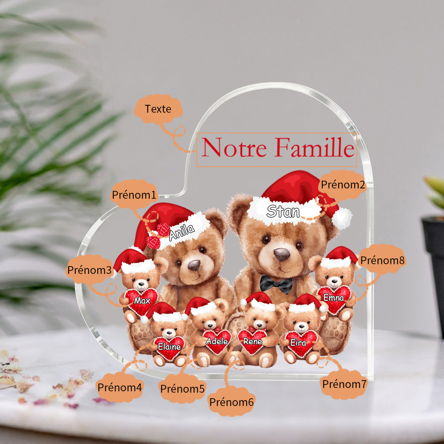 Plaque Acrylique Ours en Forme de Cœur 8 Prénoms Personnalisés Cadeau famille | Jessemade