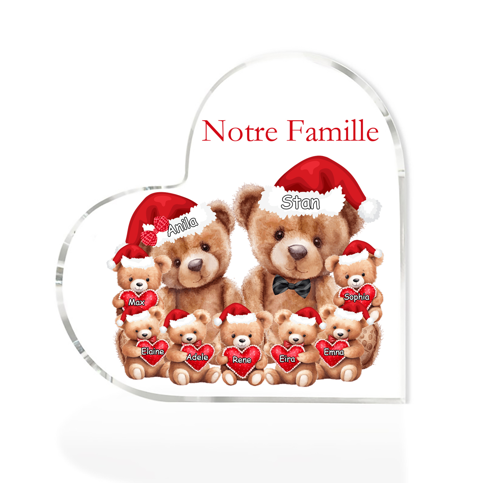 Plaque Acrylique Ours en Forme de Cœur 7 Prénoms Personnalisés Cadeau