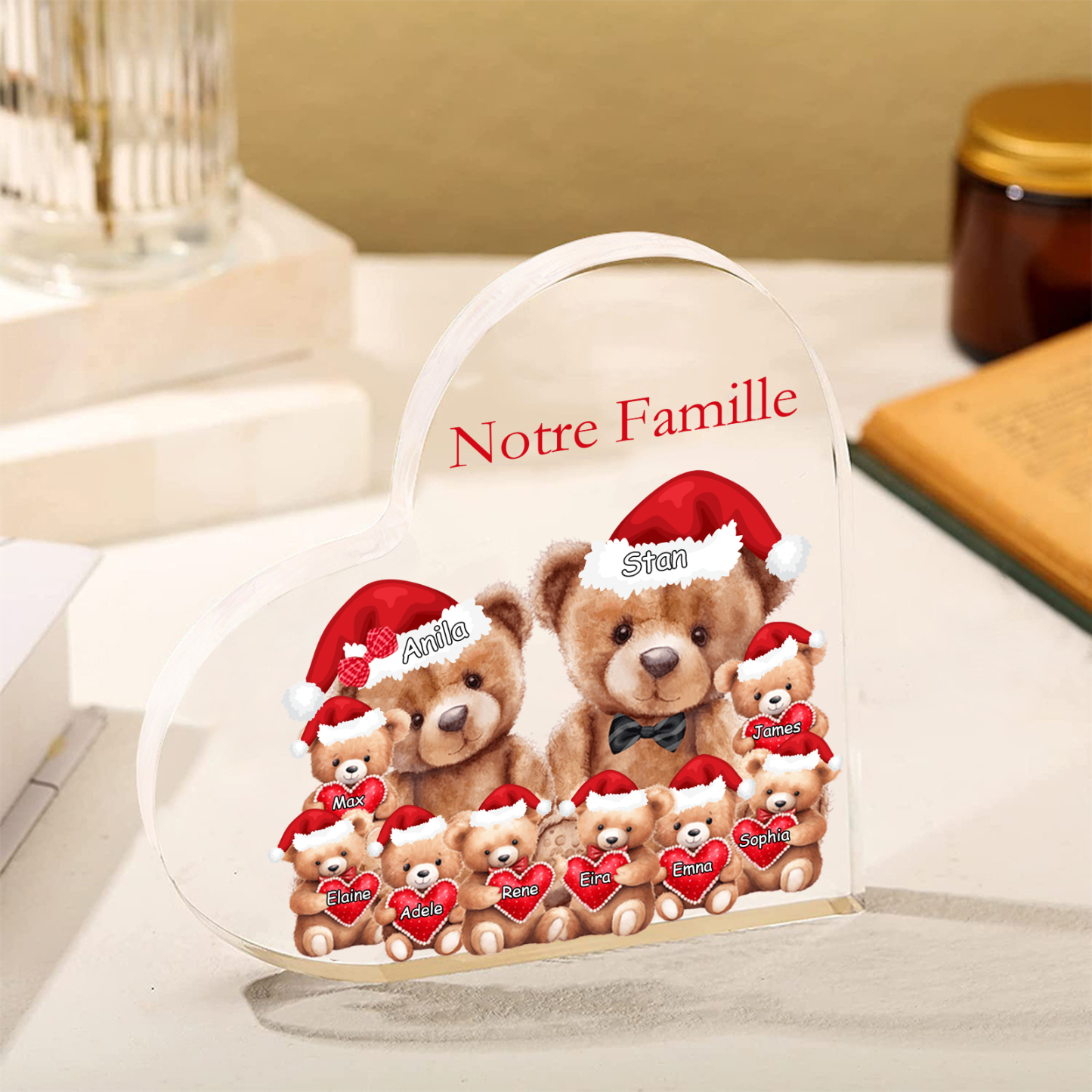 Plaque Acrylique Ours en Forme de Cœur 10 Prénoms Personnalisés Cadeau famille | Jessemade