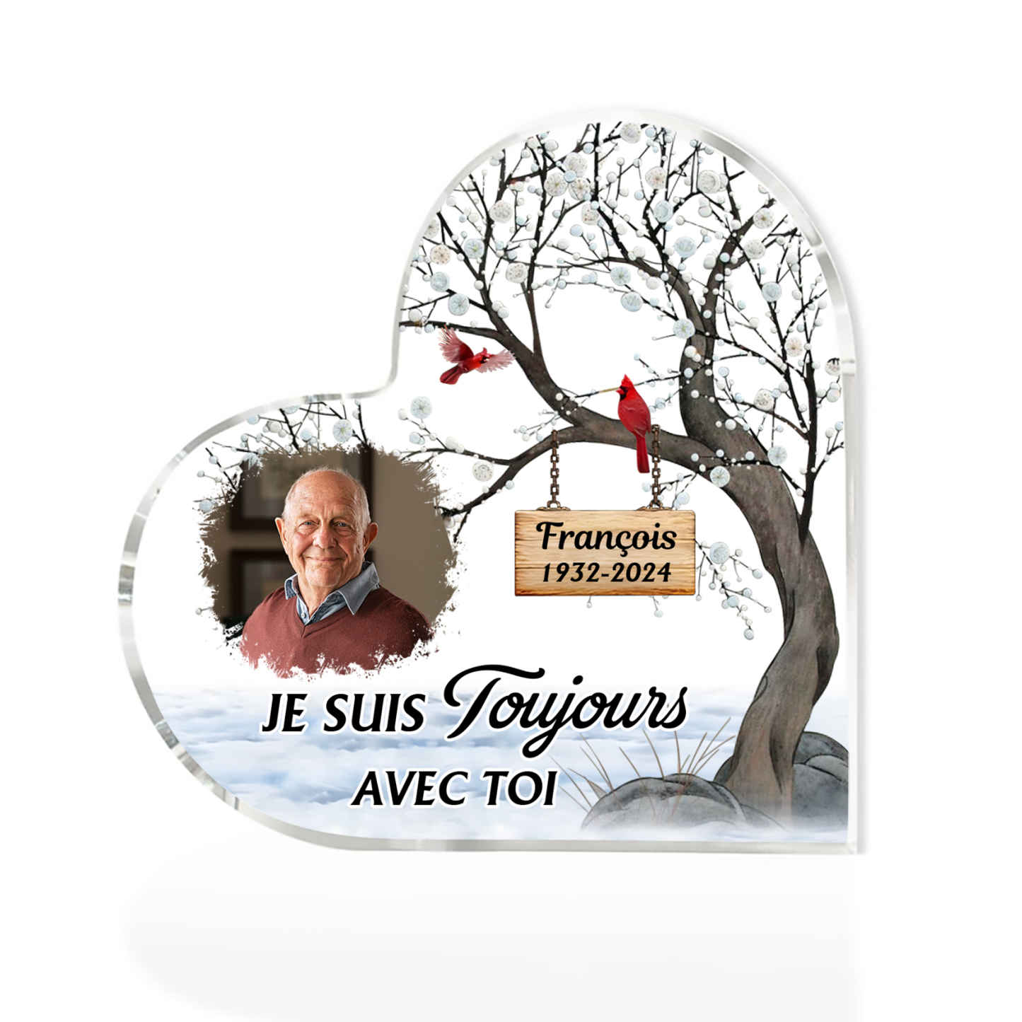 Plaque Acrylique en Forme de Cœur Commémoratif 1 Prénom Personnalisé avec photo et date | Jessemade