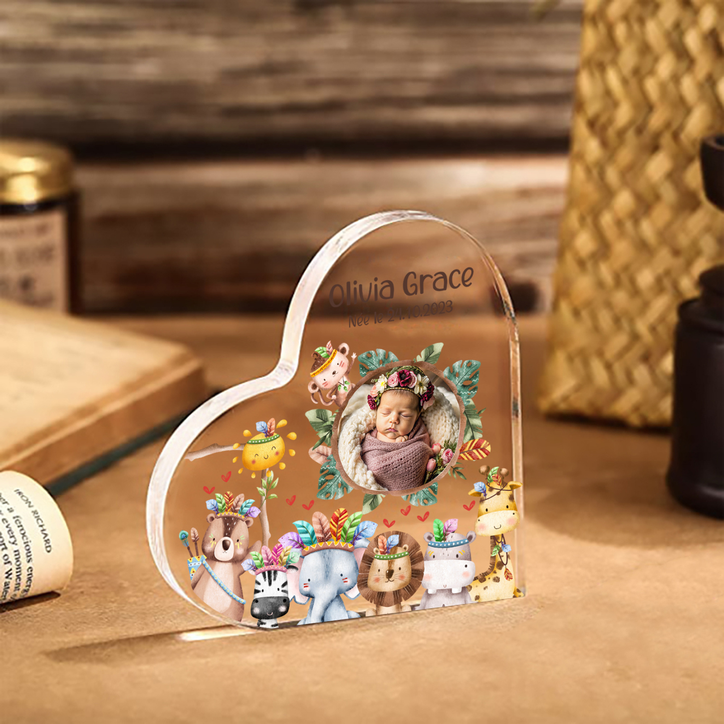 À Nounou Plaque Acrylique en Forme de Cœur Thème Animaux 1 Prénom Personnalisé avec photo et texte Cadeau pou nounou | Jessemade