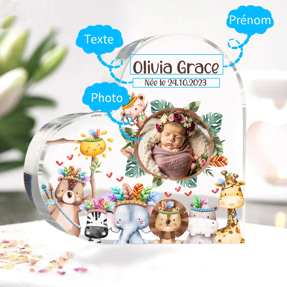 À Nounou Plaque Acrylique en Forme de Cœur Thème Animaux 1 Prénom Personnalisé avec photo et texte Cadeau pou nounou | Jessemade