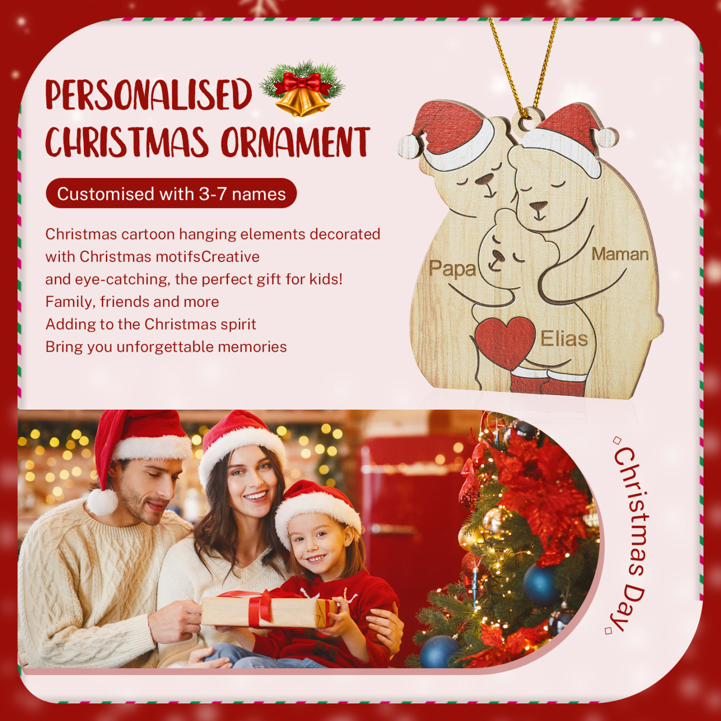 Décoration Sapin Noël en bois la famille des ours 3 Prénoms Personnalisés Cadeau pour famille | Jessemade