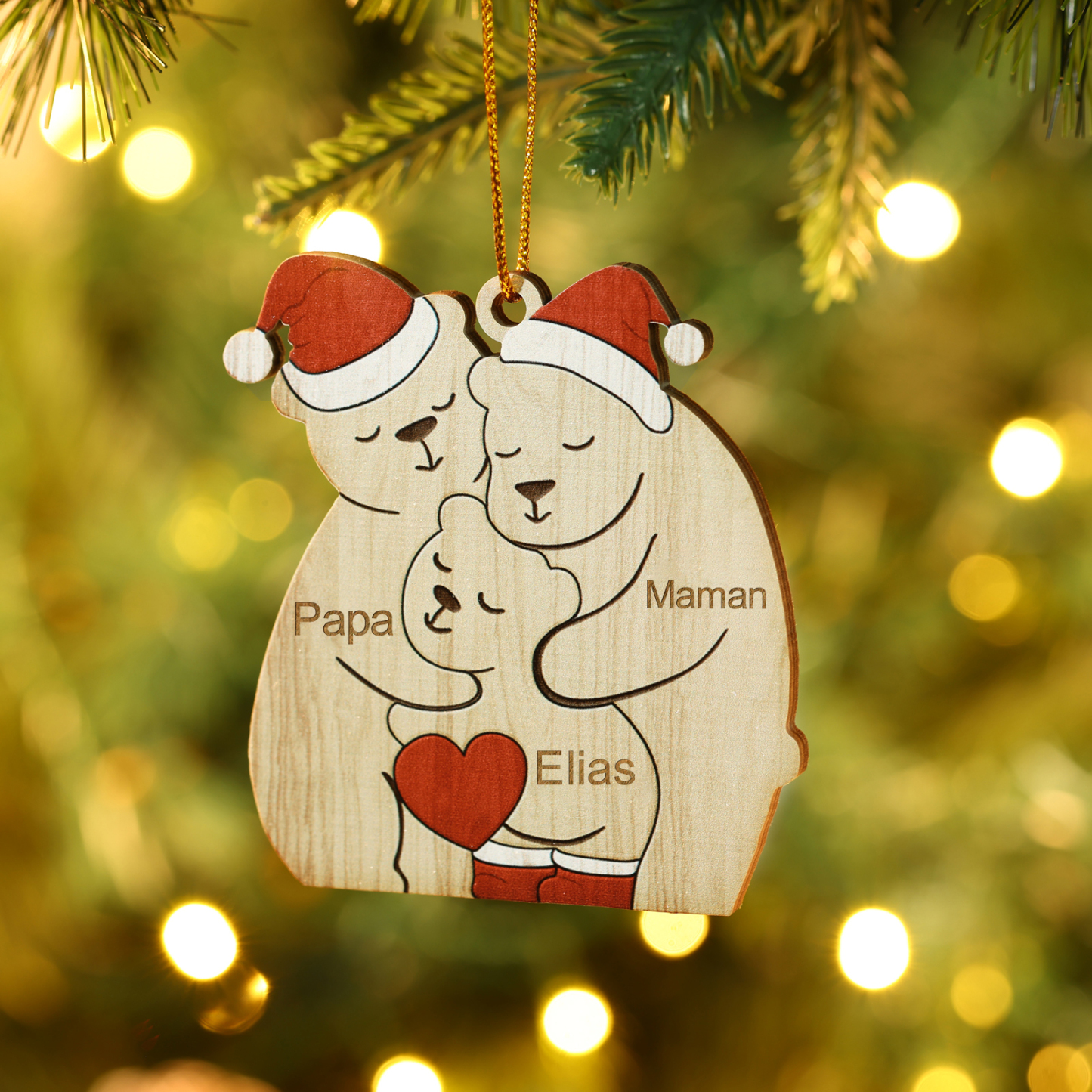 Décoration Sapin Noël en bois la famille des ours 3 Prénoms Personnali