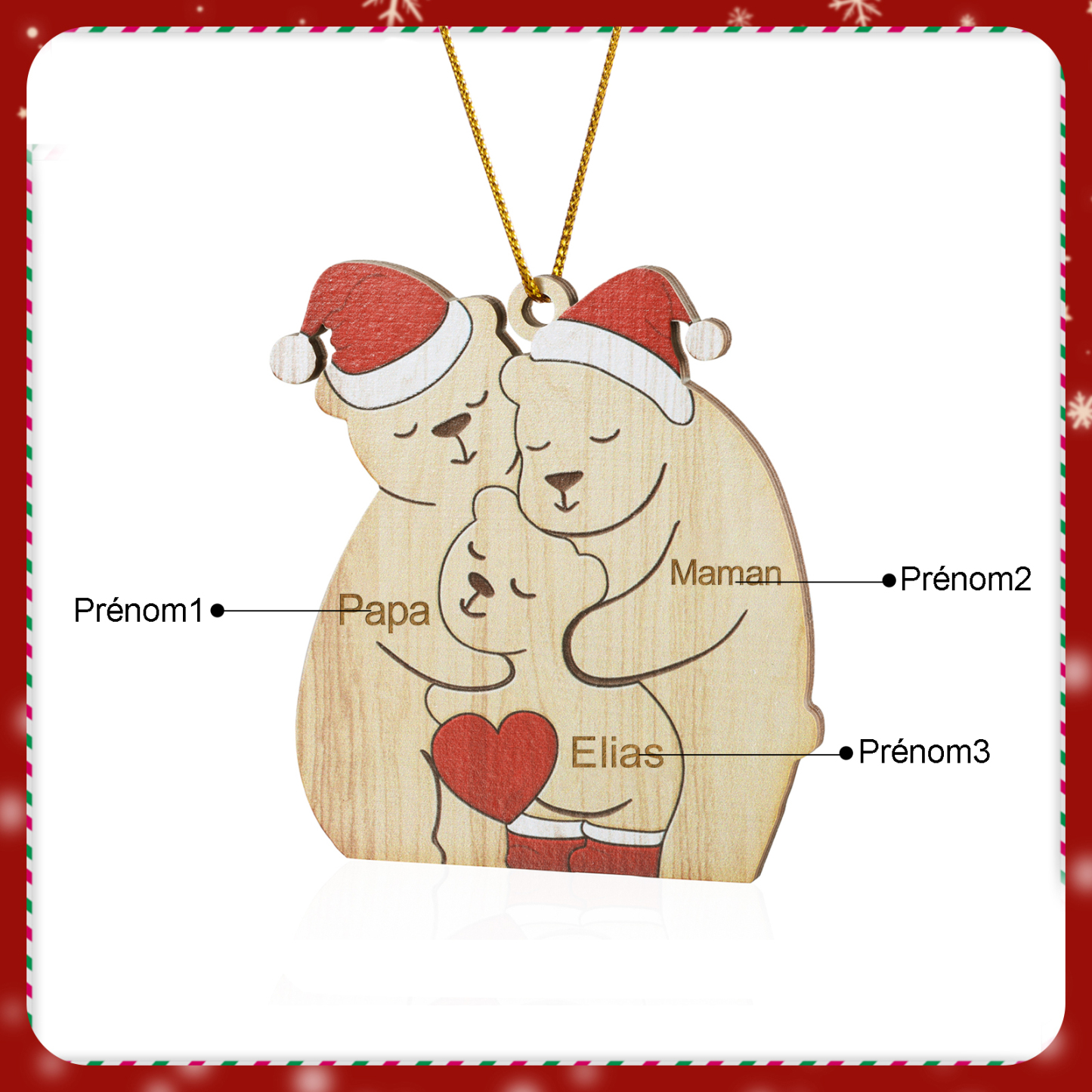 Décoration Sapin Noël en bois la famille des ours 3 Prénoms Personnalisés Cadeau pour famille | Jessemade