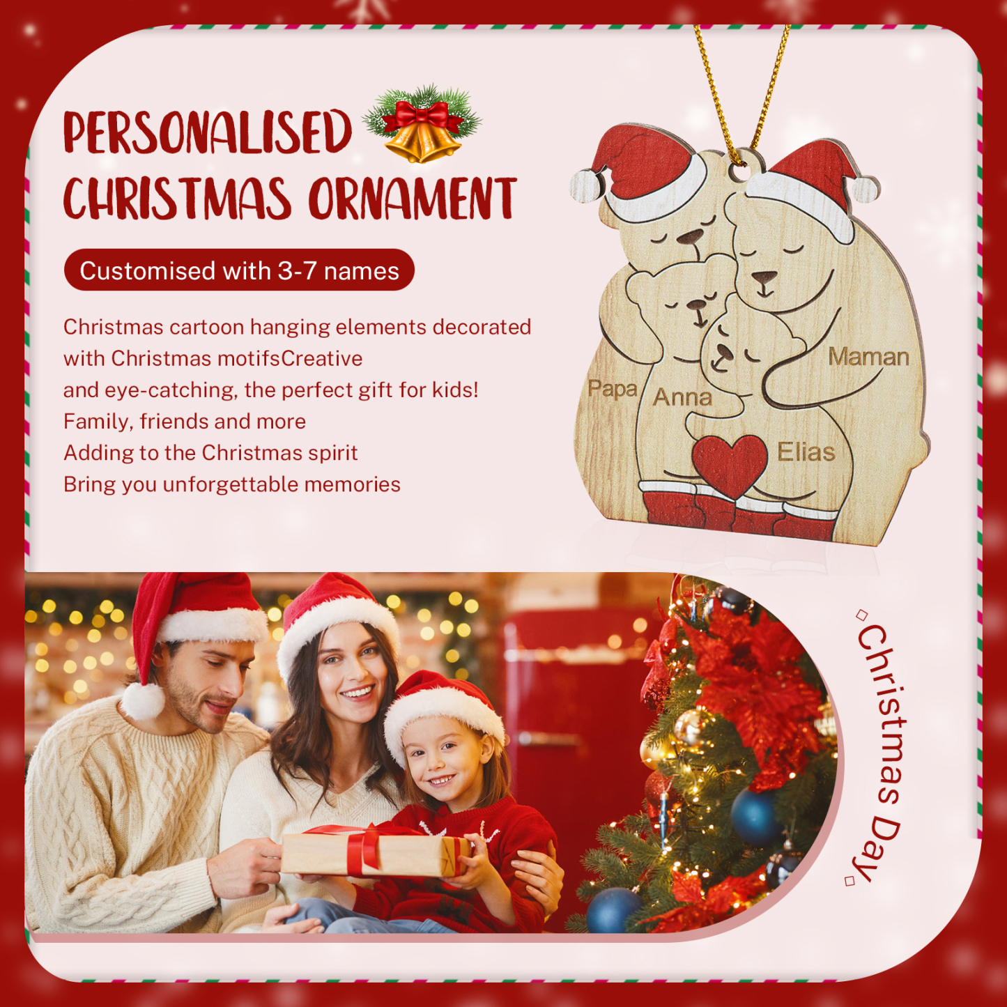 Décoration Sapin Noël en bois la famille des ours 4 Prénoms Personnalisés Cadeau pour famille | Jessemade
