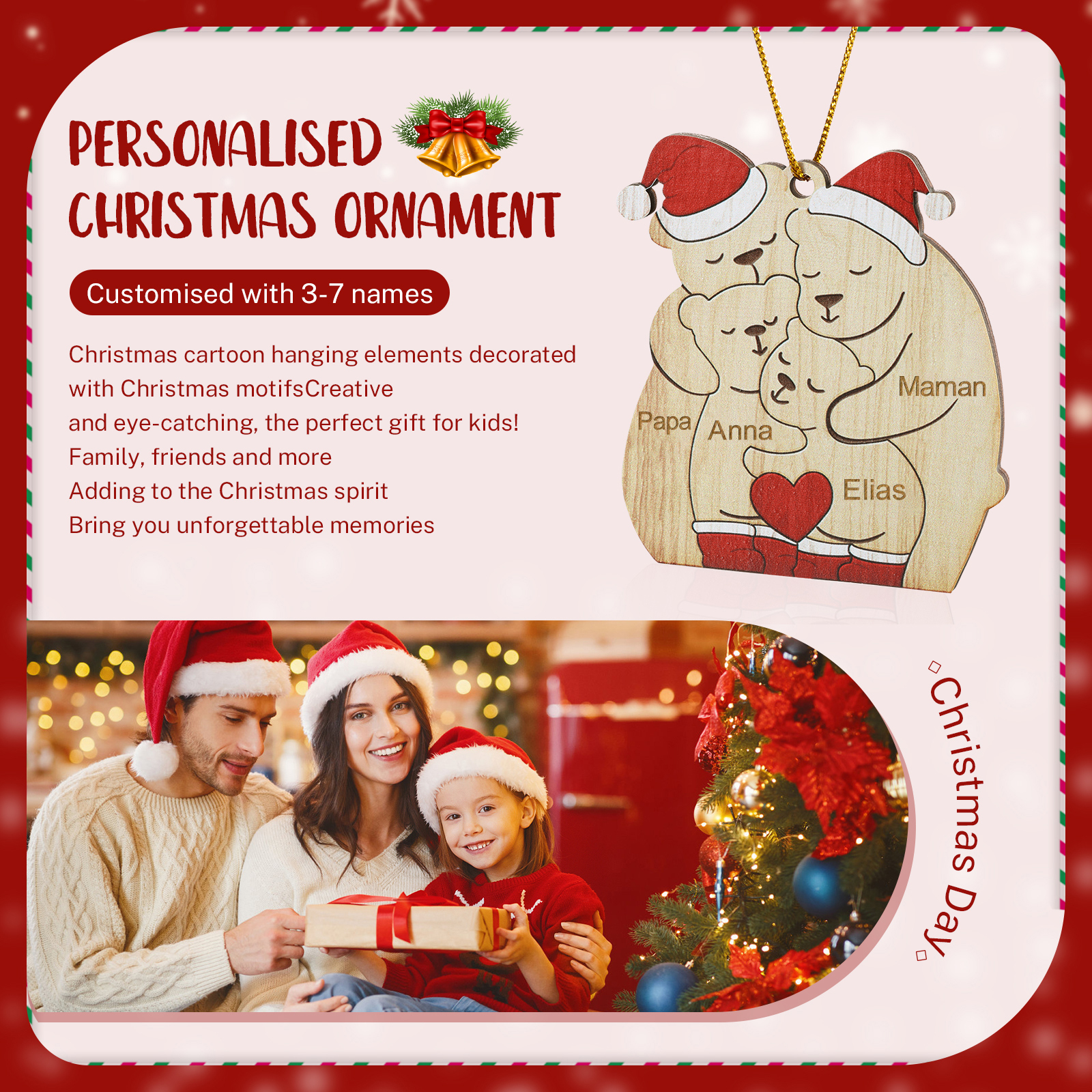 Décoration Sapin Noël en bois la famille des ours 4 Prénoms Personnalisés Cadeau pour famille | Jessemade