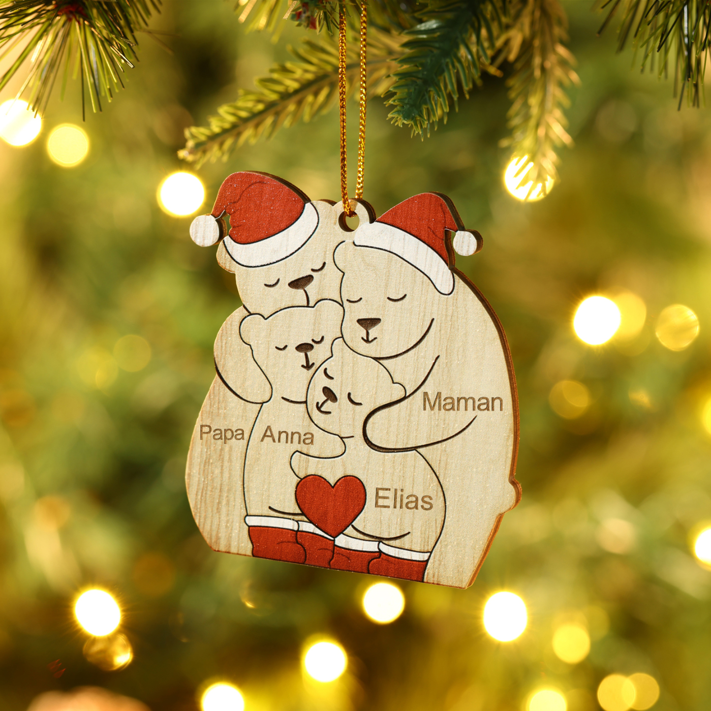 Décoration Sapin Noël en bois la famille des ours 4 Prénoms Personnali