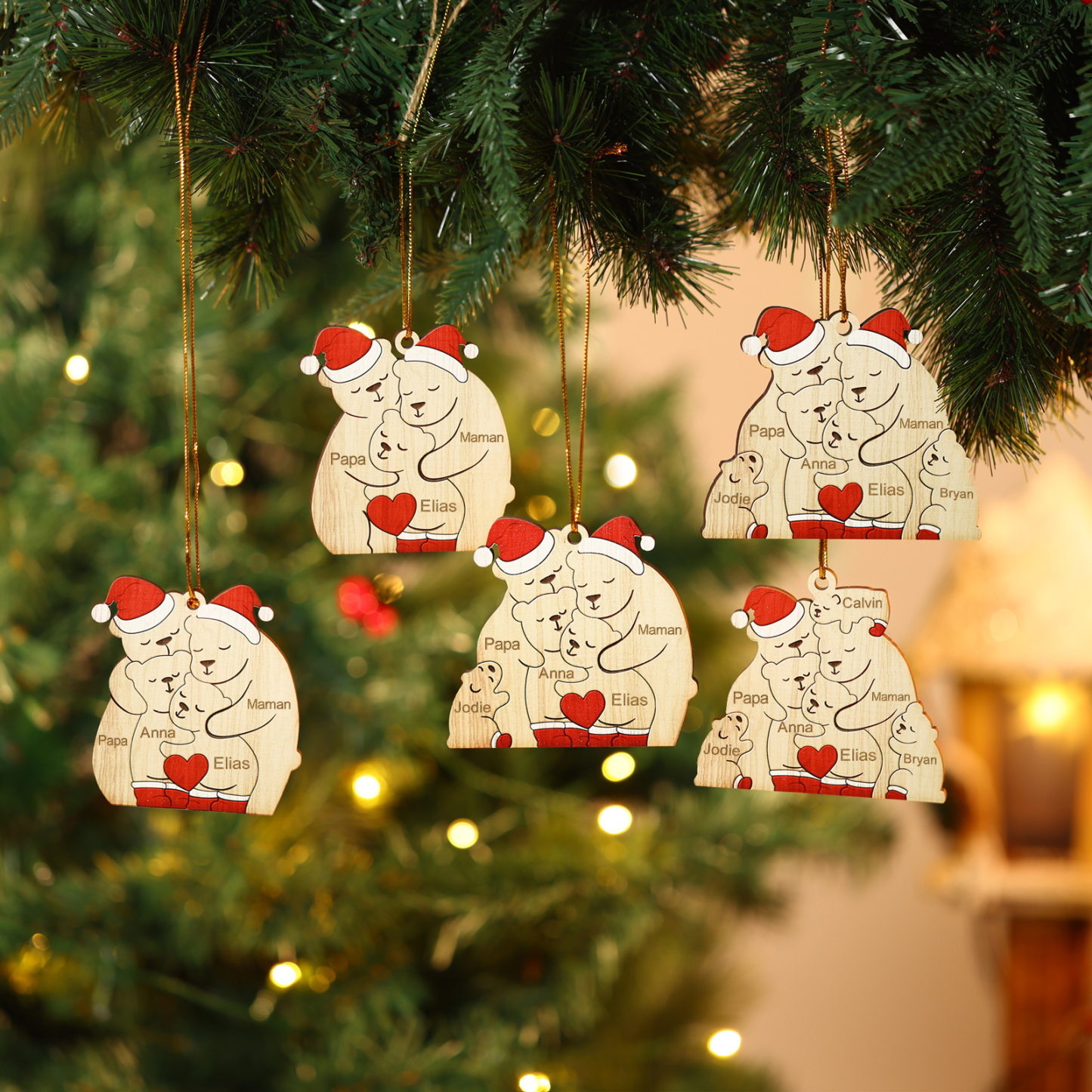 Décoration Sapin Noël en bois la famille des ours 4 Prénoms Personnalisés Cadeau pour famille | Jessemade