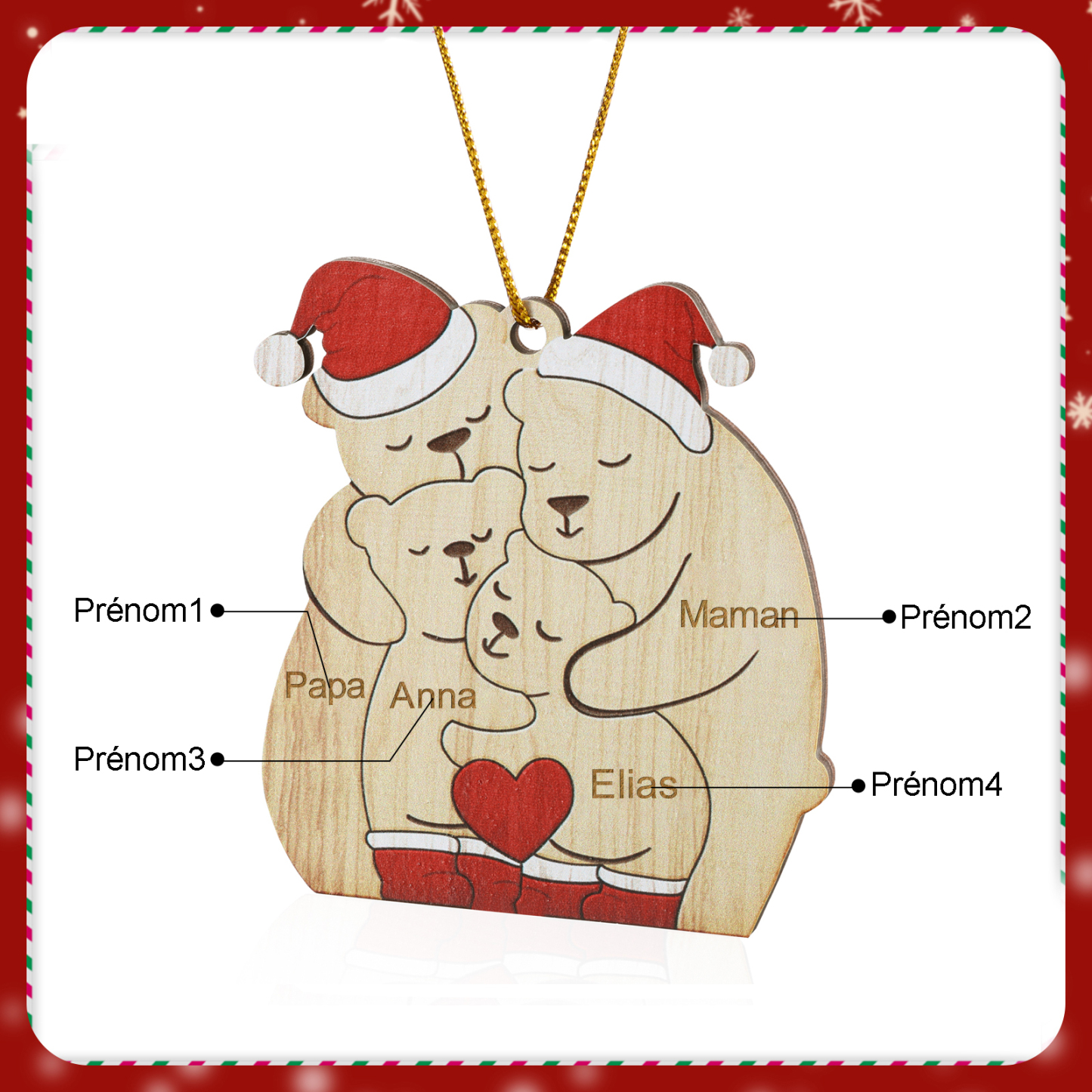 Décoration Sapin Noël en bois la famille des ours 4 Prénoms Personnalisés Cadeau pour famille | Jessemade