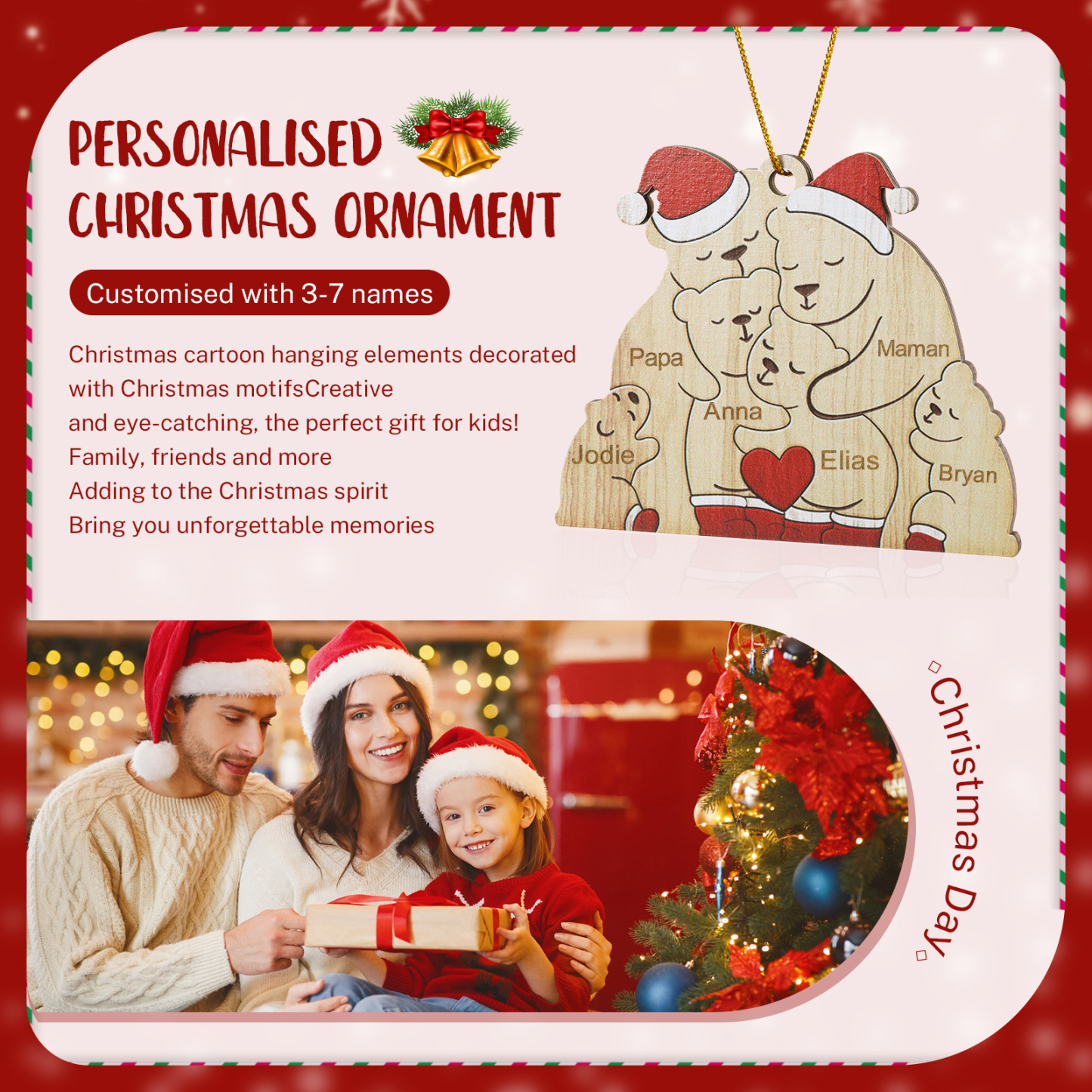 Décoration Sapin Noël en bois la famille des ours 6 Prénoms Personnalisés Cadeau pour famille | Jessemade