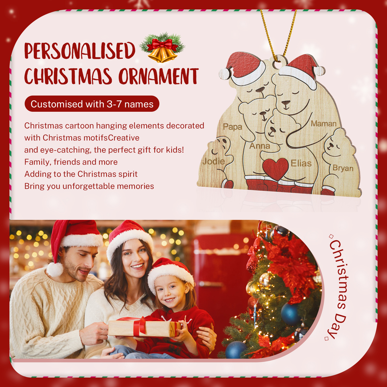Décoration Sapin Noël en bois la famille des ours 6 Prénoms Personnalisés Cadeau pour famille | Jessemade