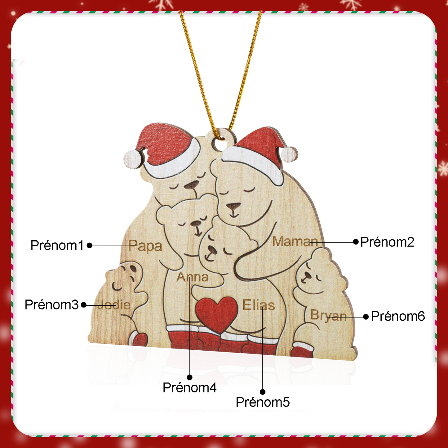 Décoration Sapin Noël en bois la famille des ours 6 Prénoms Personnalisés Cadeau pour famille | Jessemade