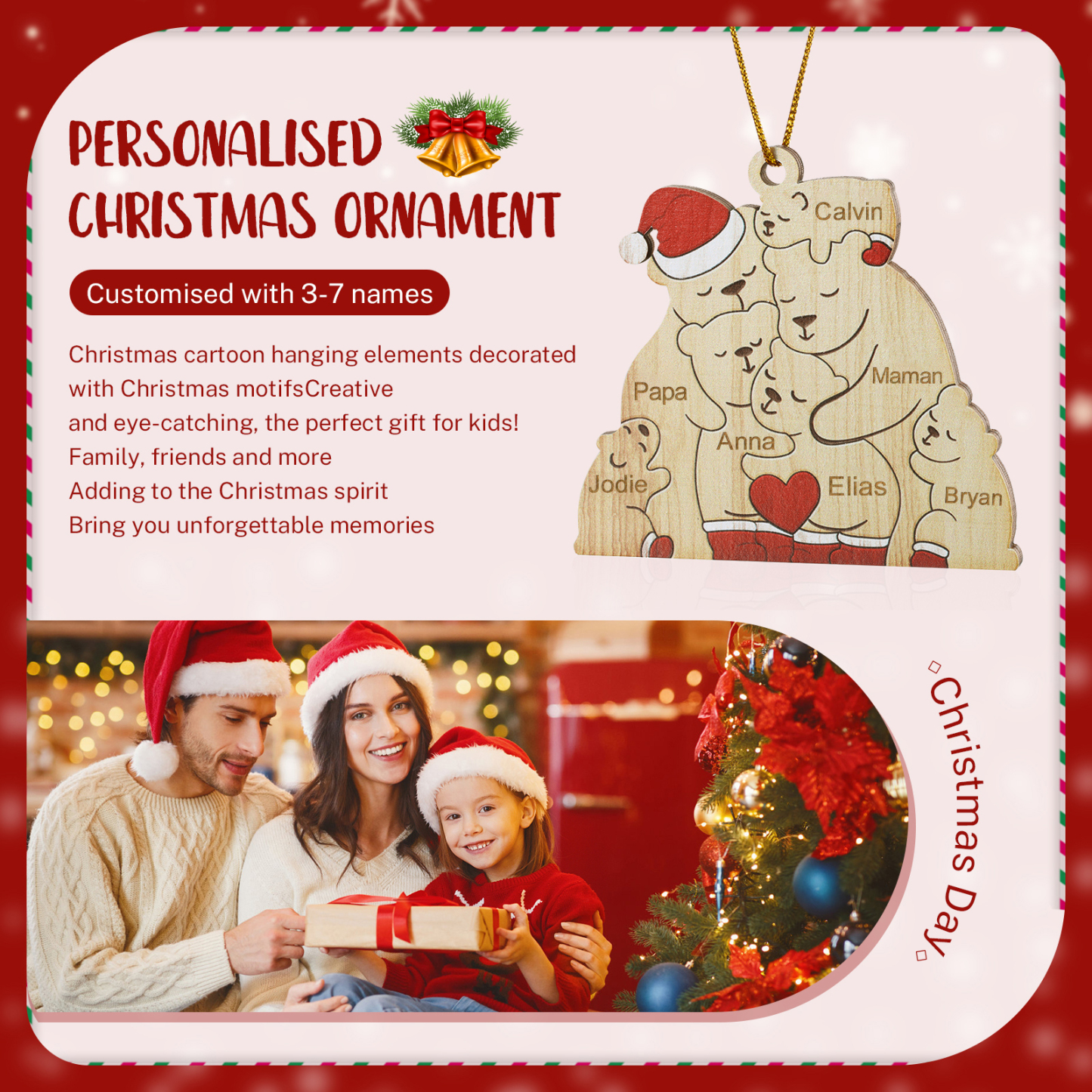 Décoration Sapin Noël en bois la famille des ours 7 Prénoms Personnalisés Cadeau pour famille | Jessemade