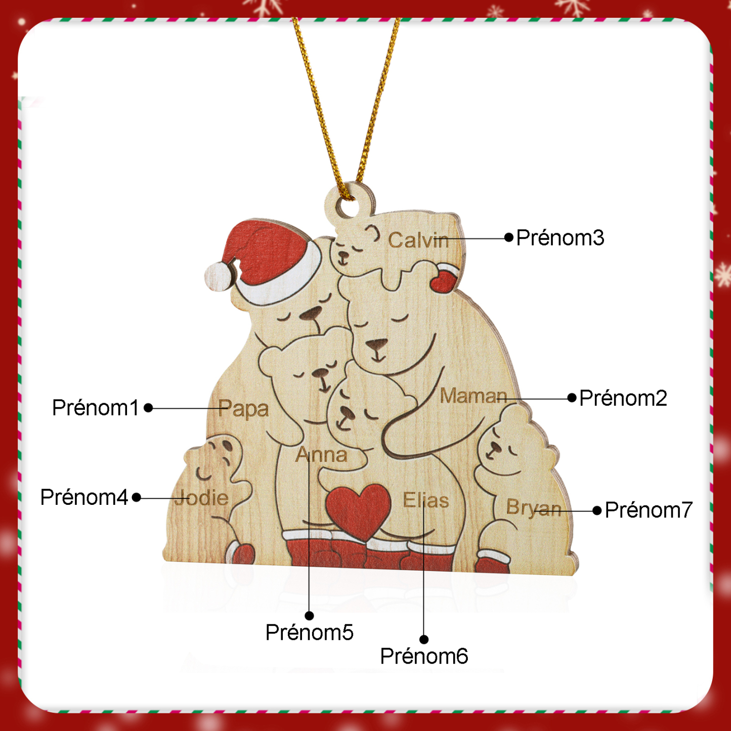 Décoration Sapin Noël en bois la famille des ours 7 Prénoms Personnalisés Cadeau pour famille | Jessemade