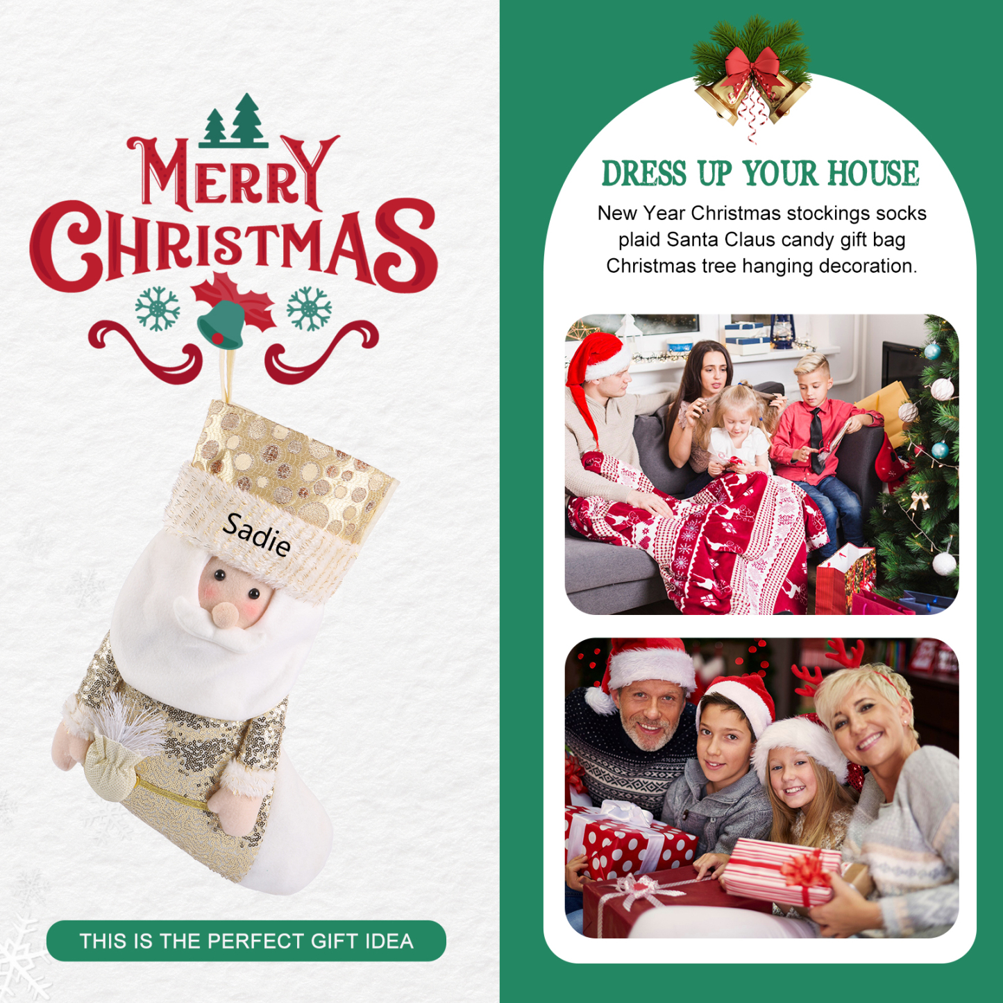 Décoration Chaussette en tissu Renne Sac Cabas de Noël 1 Prénom Personnalisé Cadeau pour enfant | Jessemade