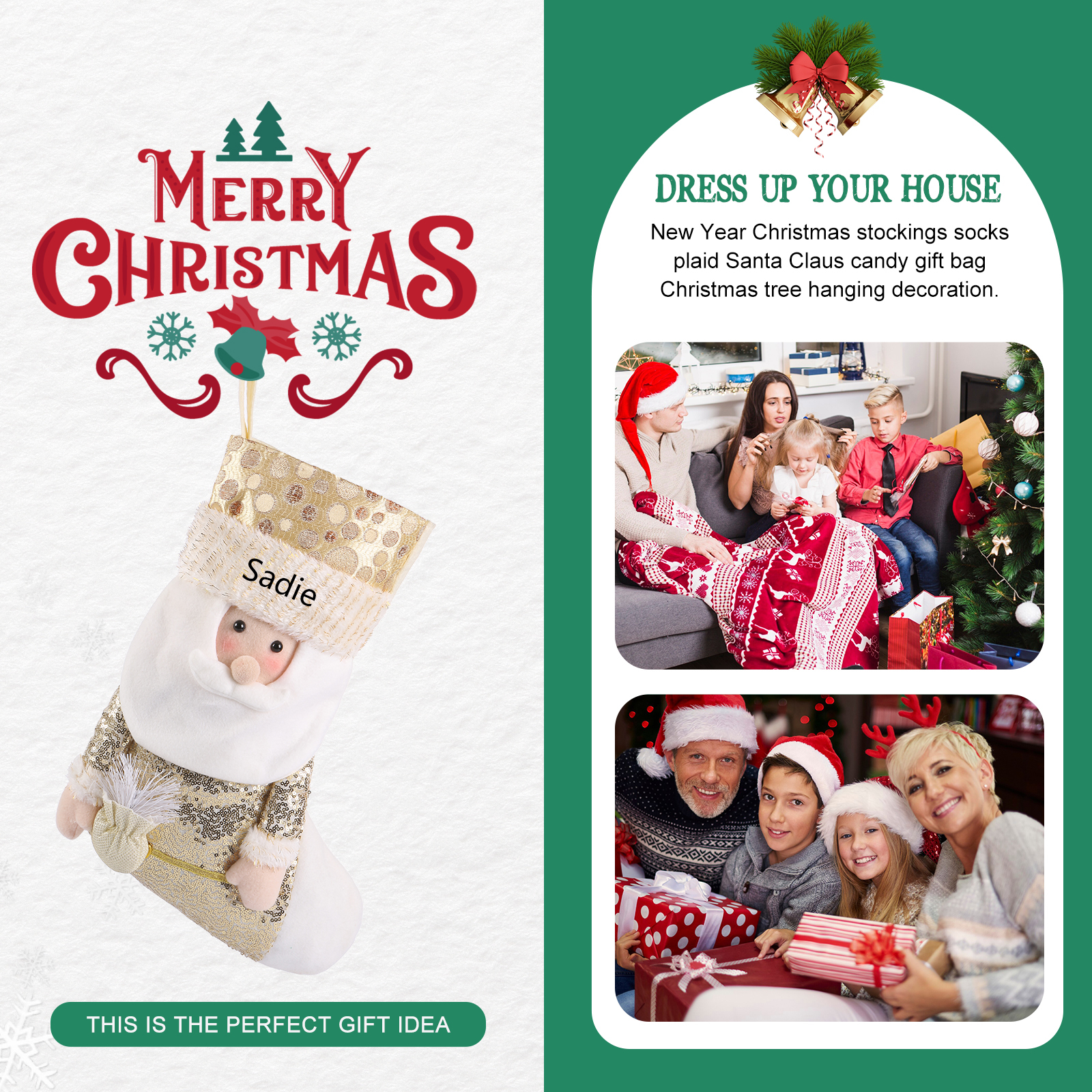Décoration Chaussette en tissu Renne Sac Cabas de Noël 1 Prénom Personnalisé Cadeau pour enfant | Jessemade