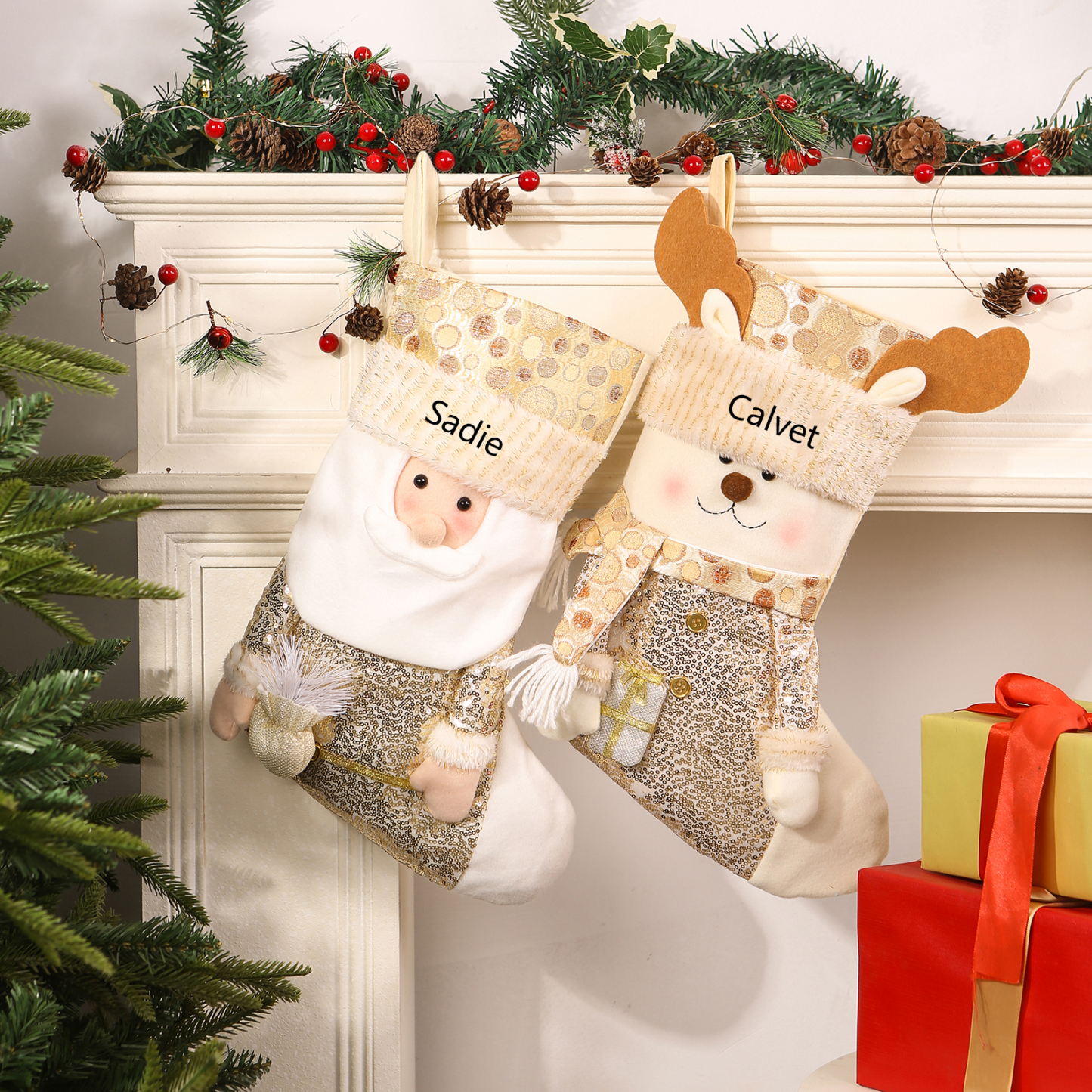 Décoration Chaussette en tissu Renne Sac Cabas de Noël 1 Prénom Personnalisé Cadeau pour enfant | Jessemade