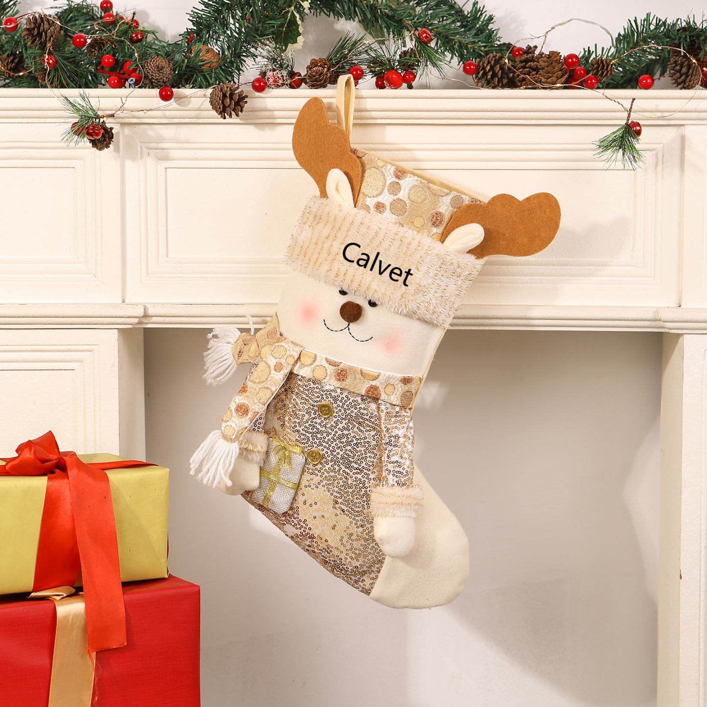 Décoration Chaussette en tissu Renne Sac Cabas de Noël 1 Prénom Personnalisé Cadeau pour enfant | Jessemade