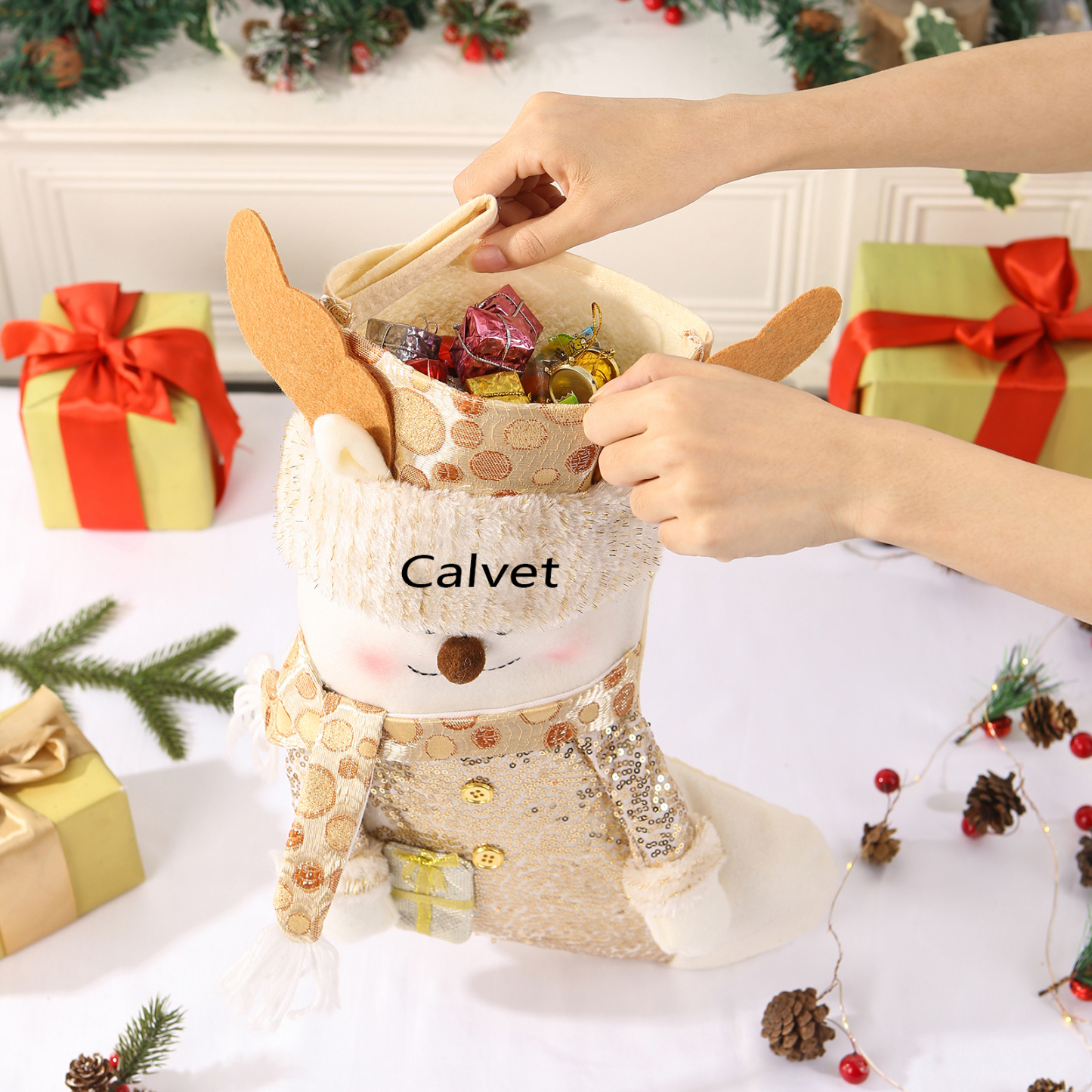 Décoration Chaussette en tissu Renne Sac Cabas de Noël 1 Prénom Personnalisé Cadeau pour enfant | Jessemade