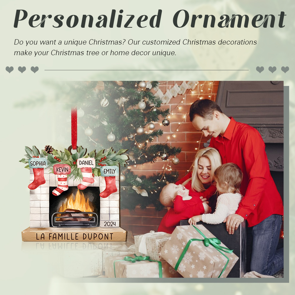 Ornements de Noël cheminée 4 Prénoms Personnalisés avec Texte et année Cadeau Noël | Jessemade