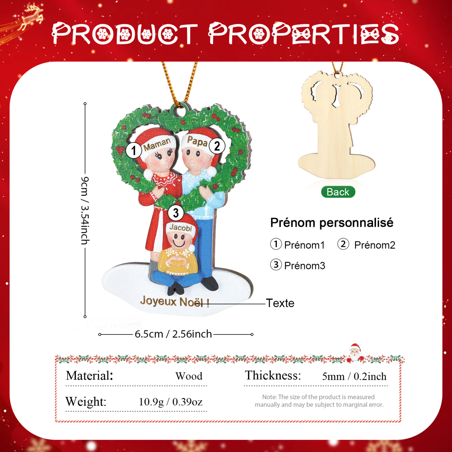 Décoration Sapin Noël Cœur 3 Prénoms Personnalisés avec Texte Ornement Sapin en Bois Cadeau pour Famille | Jessemade