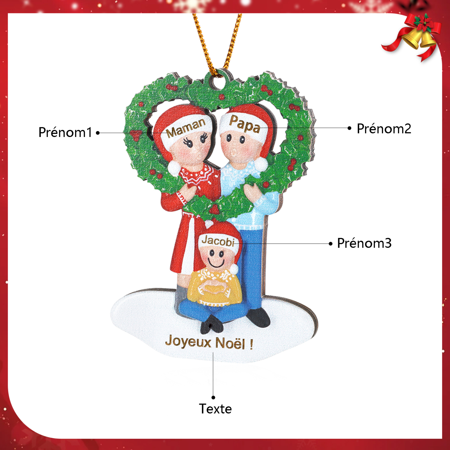 Décoration Sapin Noël Cœur 3 Prénoms Personnalisés avec Texte Ornement Sapin en Bois Cadeau pour Famille | Jessemade