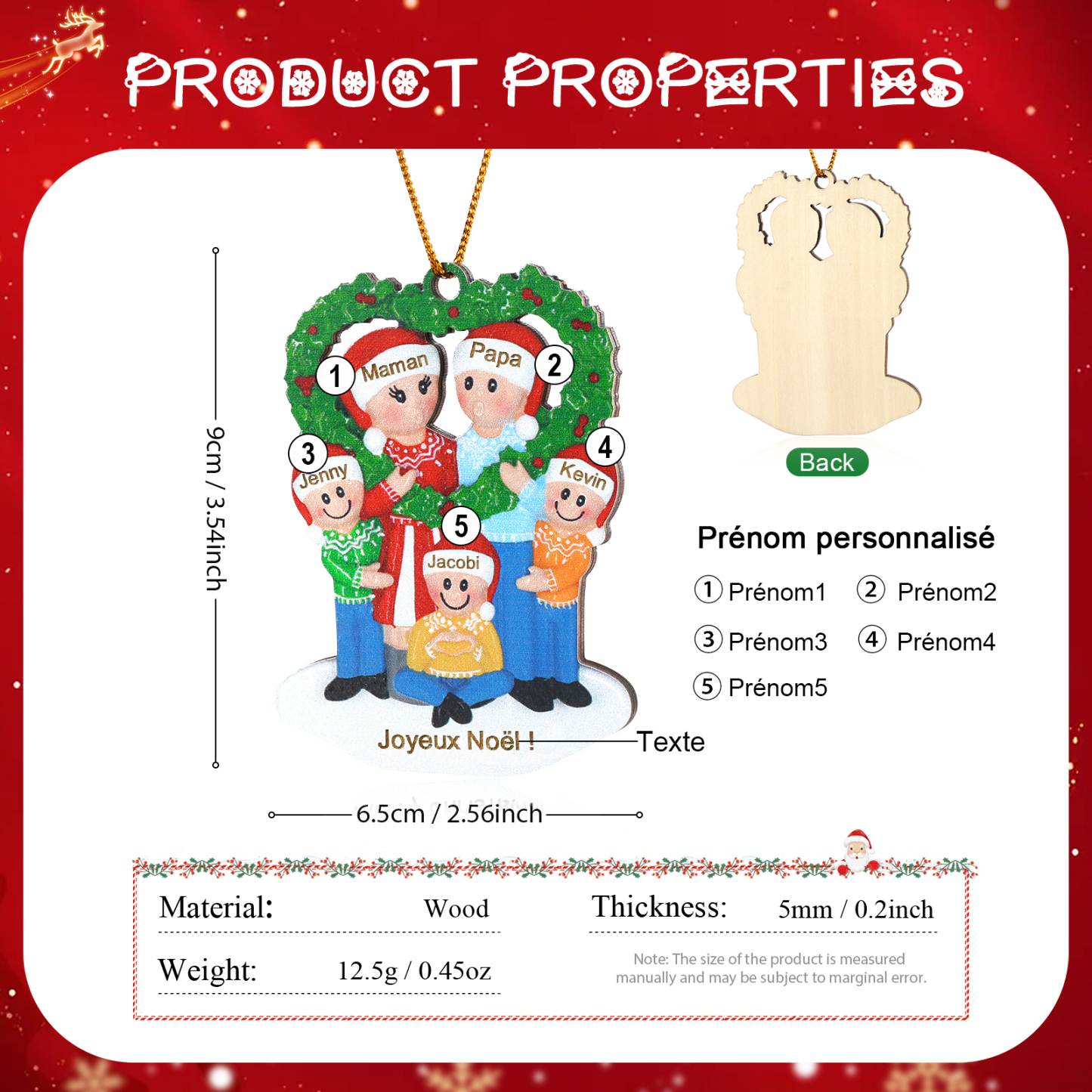 Décoration Sapin Noël Cœur 5 Prénoms Personnalisés avec Texte Ornement Sapin en Bois Cadeau pour Famille | Jessemade