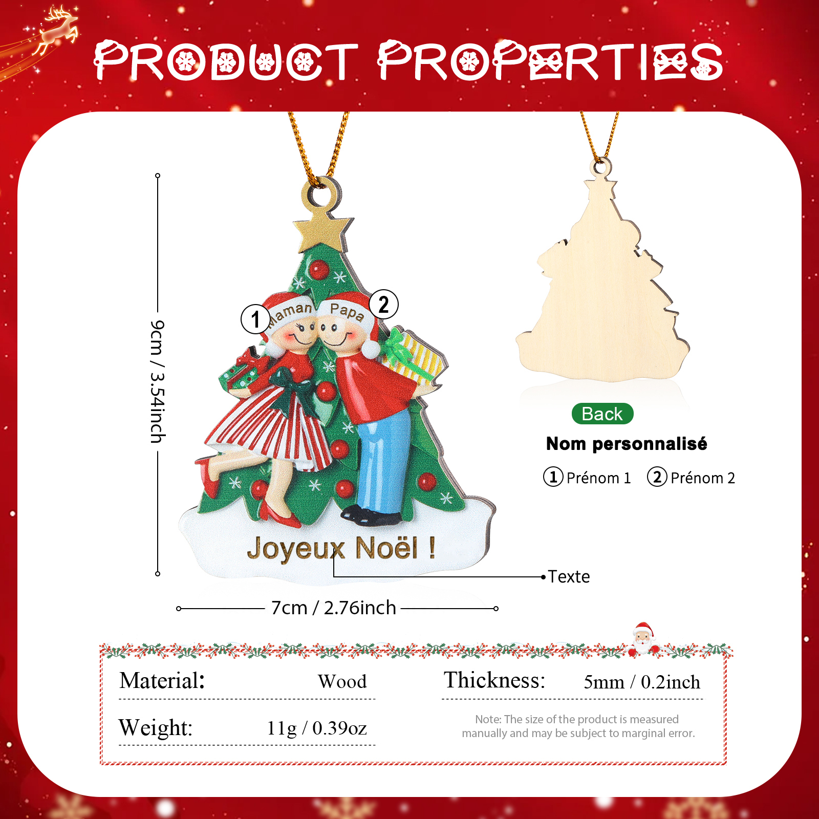 Décoration Sapin Noël 2 Prénoms Personnalisés avec Texte Ornement Sapin en Bois Cadeau pour Famille | Jessemade