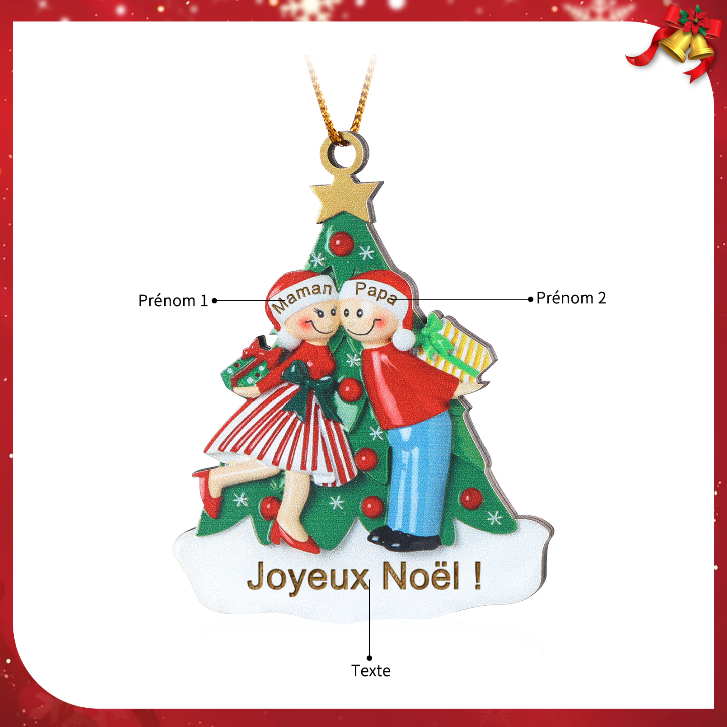 Décoration Sapin Noël 2 Prénoms Personnalisés avec Texte Ornement Sapin en Bois Cadeau pour Famille | Jessemade