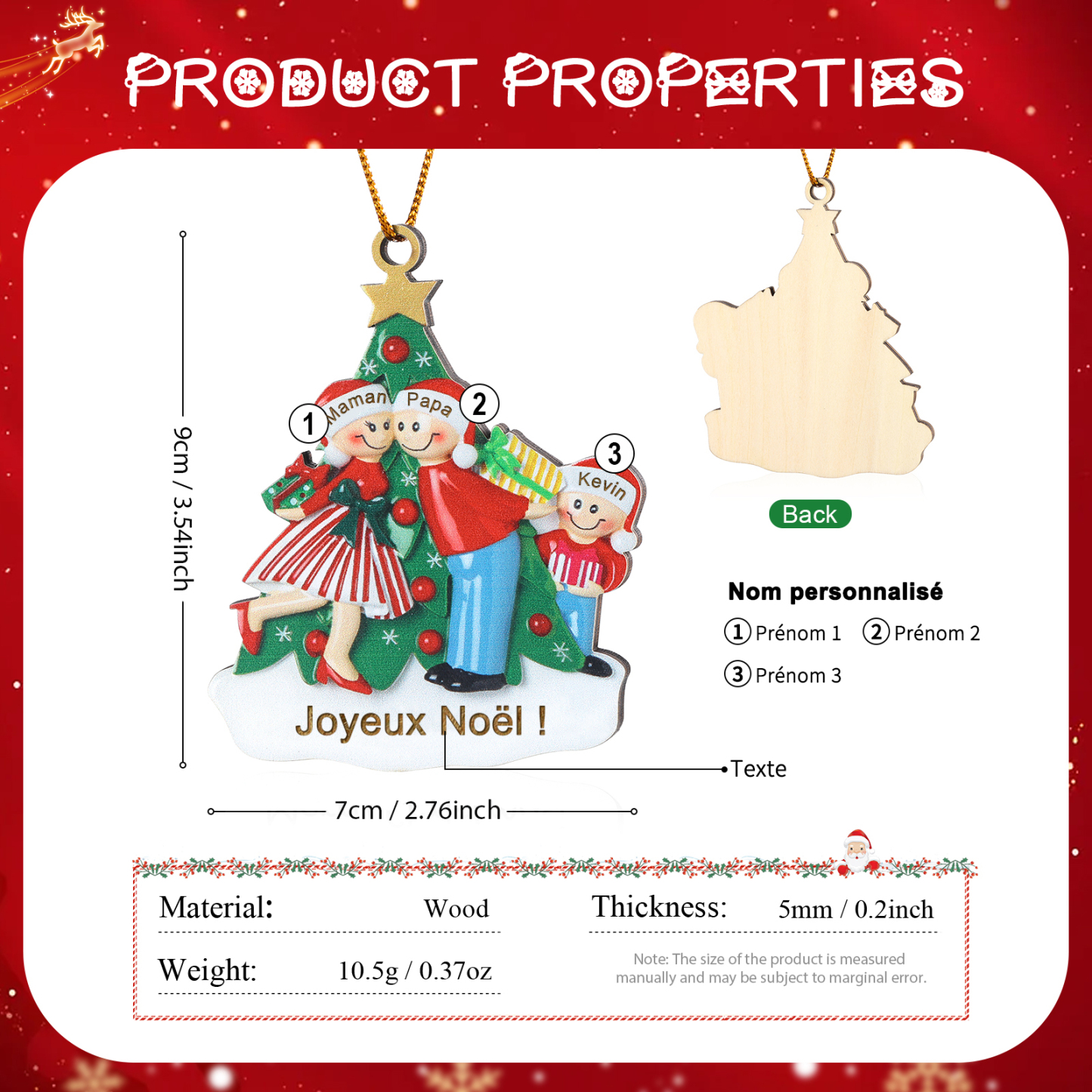 Décoration Sapin Noël 3 Prénoms Personnalisés avec Texte Ornement Sapin en Bois Cadeau pour Famille | Jessemade