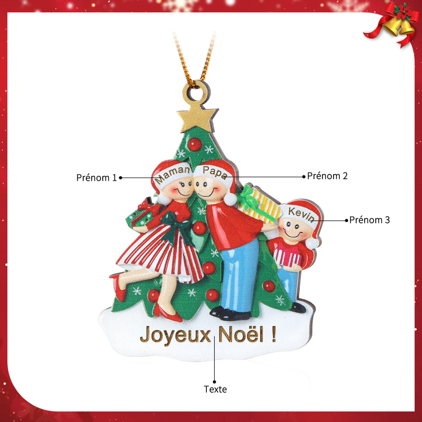 Décoration Sapin Noël 3 Prénoms Personnalisés avec Texte Ornement Sapin en Bois Cadeau pour Famille | Jessemade