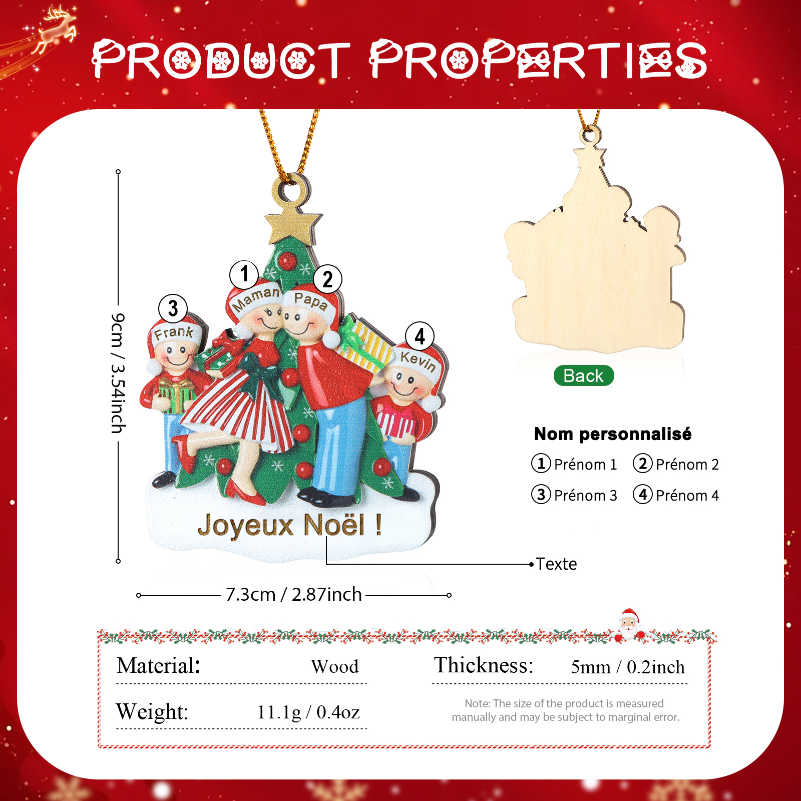Décoration Sapin Noël 4 Prénoms Personnalisés avec Texte Ornement Sapin en Bois Cadeau pour Famille | Jessemade