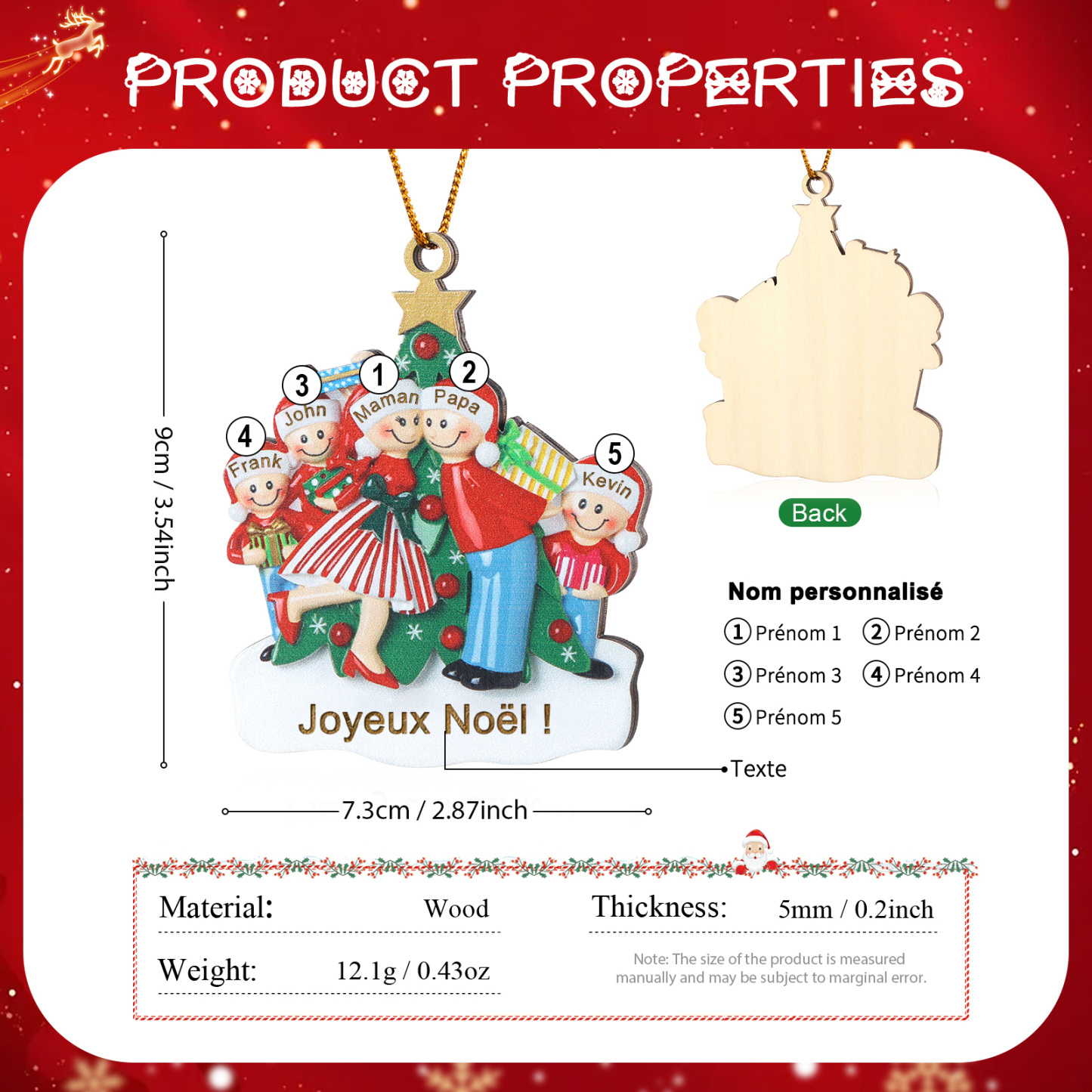 Décoration Sapin Noël 5 Prénoms Personnalisés avec Texte Ornement Sapin en Bois Cadeau pour Famille | Jessemade