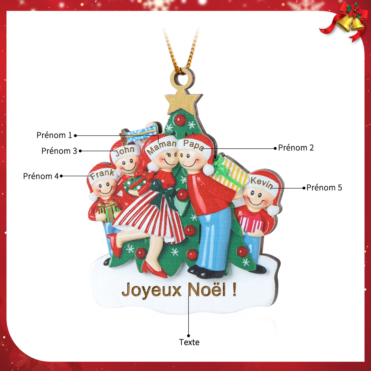 Décoration Sapin Noël 5 Prénoms Personnalisés avec Texte Ornement Sapin en Bois Cadeau pour Famille | Jessemade