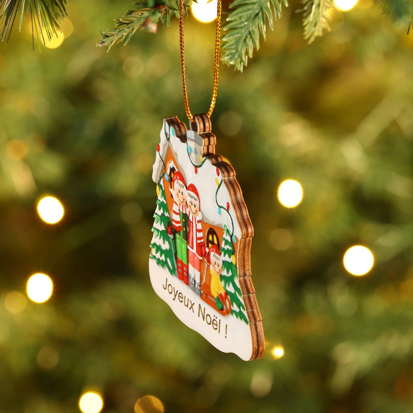 Ornements en bois Sapin Noël 3 Prénoms Personnalisés avec Texte Ornement Maison et Sapin en Bois pour Famille | Jessemade
