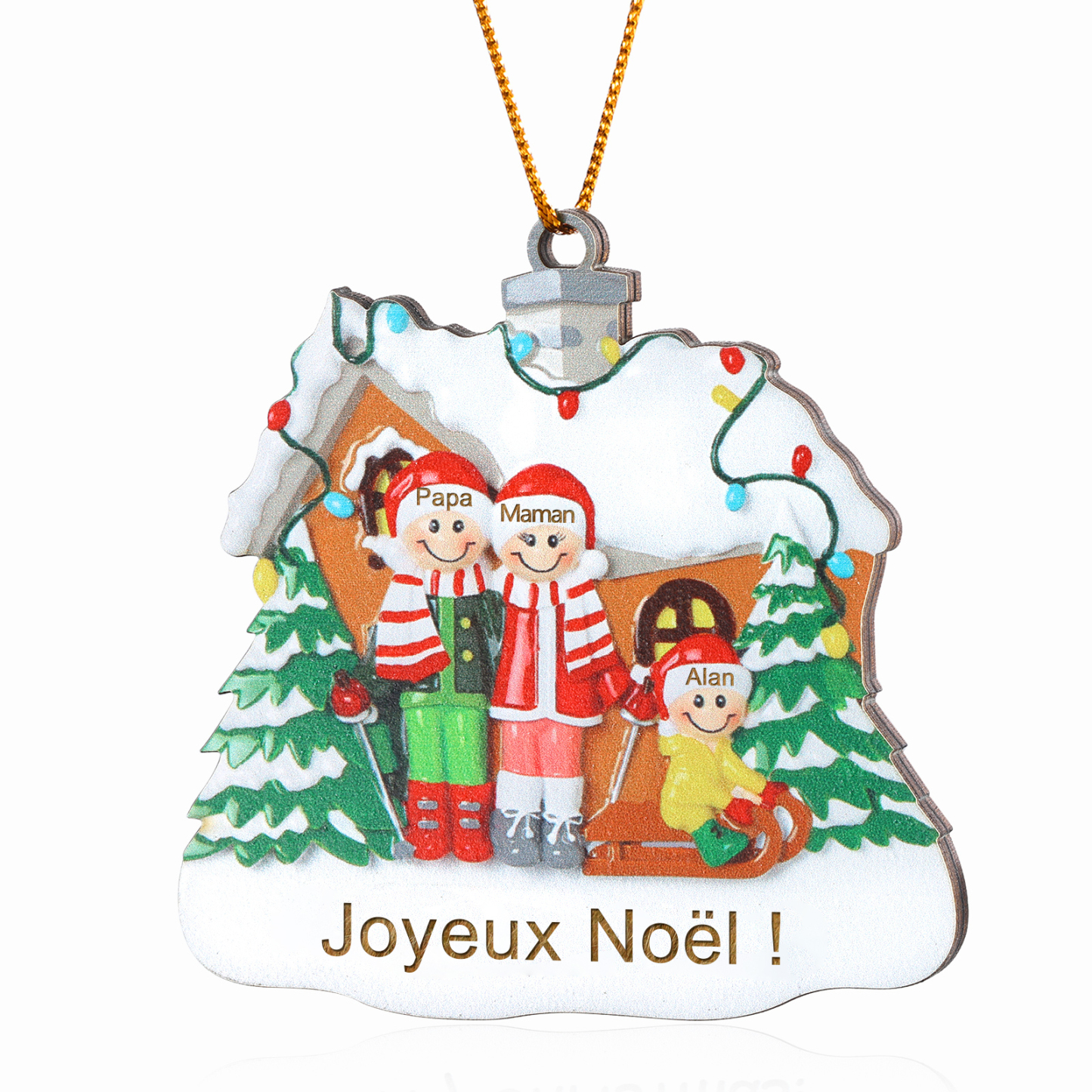 Ornements en bois Sapin Noël 3 Prénoms Personnalisés avec Texte Ornement Maison et Sapin en Bois pour Famille | Jessemade