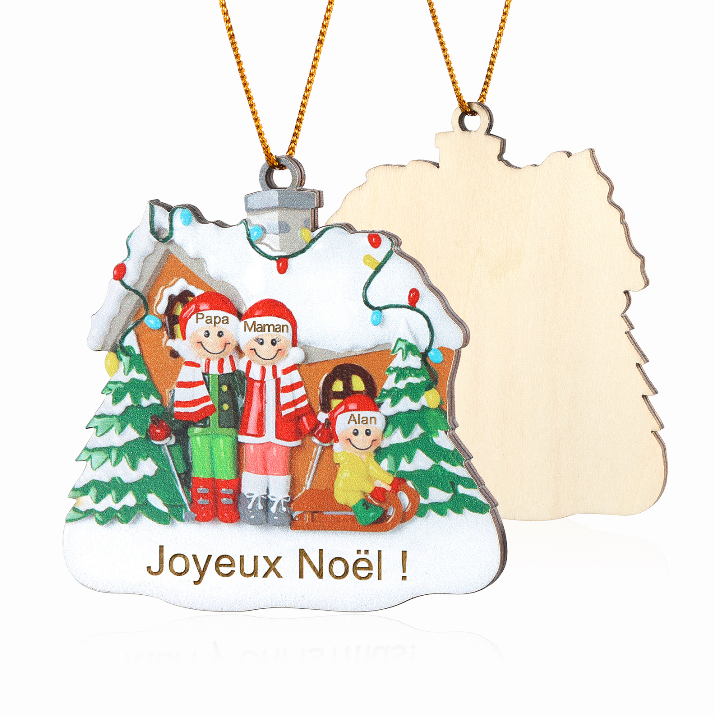 Ornements en bois Sapin Noël 3 Prénoms Personnalisés avec Texte Ornement Maison et Sapin en Bois pour Famille | Jessemade