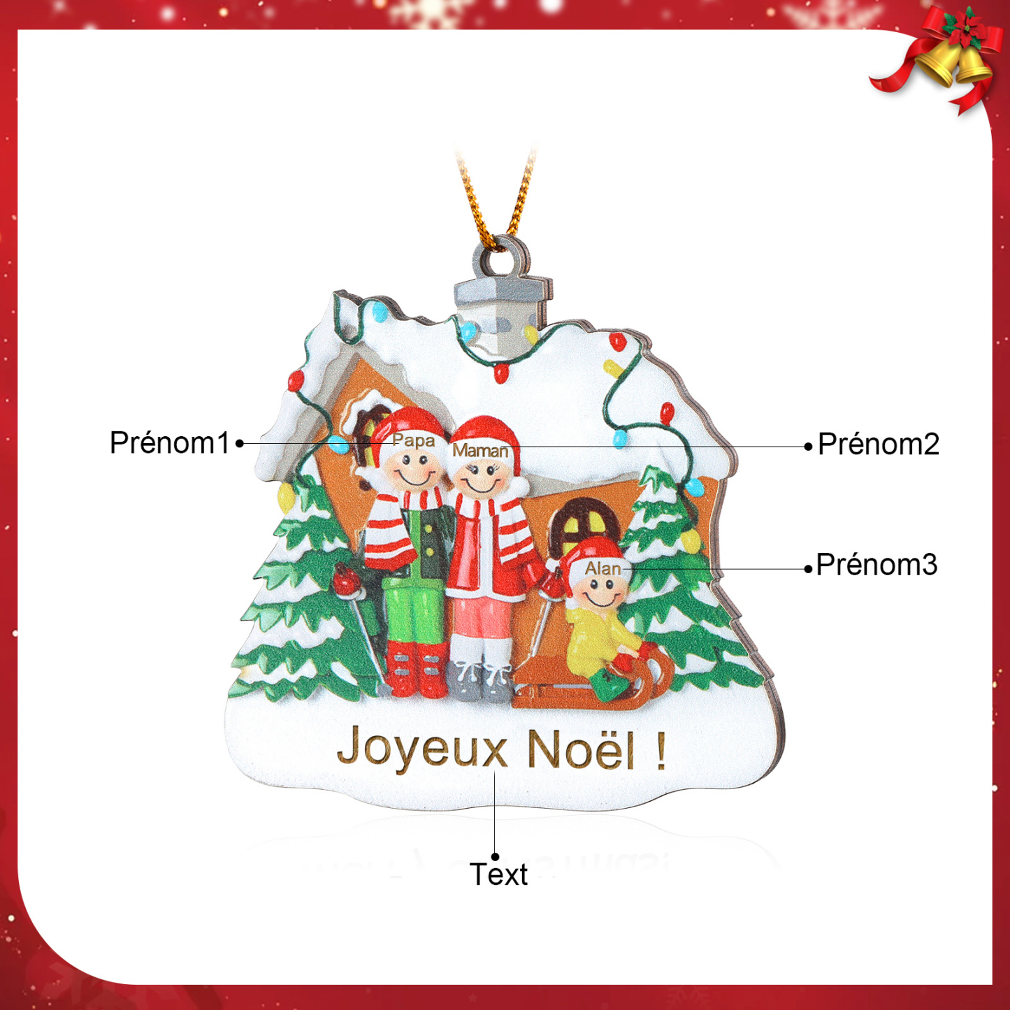 Ornements en bois Sapin Noël 3 Prénoms Personnalisés avec Texte Ornement Maison et Sapin en Bois pour Famille | Jessemade