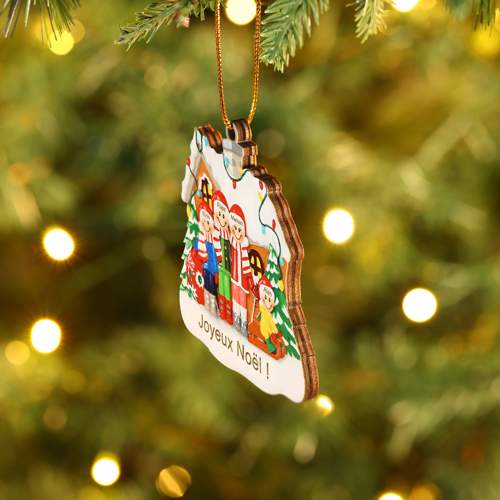 Ornements en bois Sapin Noël 4 Prénoms Personnalisés avec Texte Ornement Maison et Sapin en Bois pour Famille | Jessemade