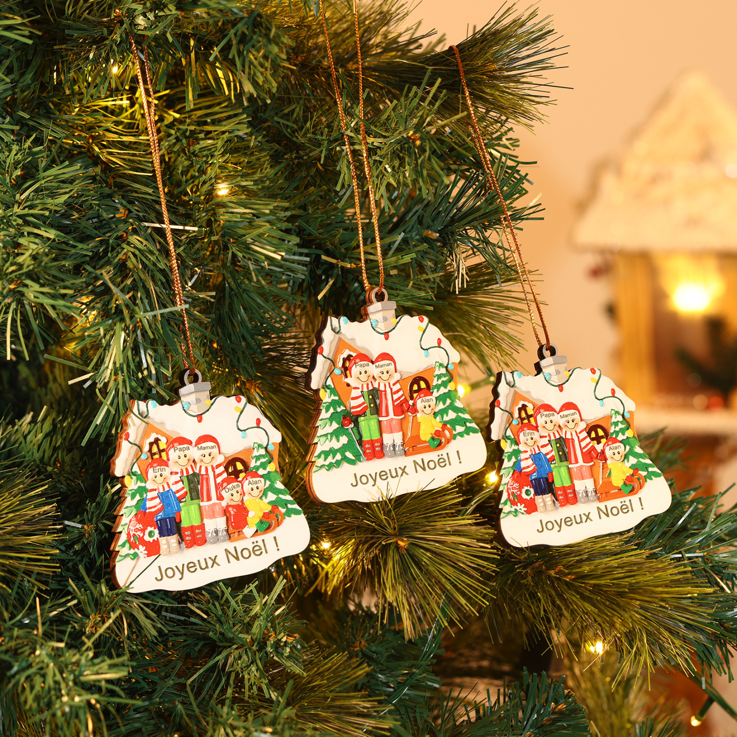 Ornements en bois Sapin Noël 5 Prénoms Personnalisés avec Texte Ornement Maison et Sapin en Bois pour Famille | Jessemade