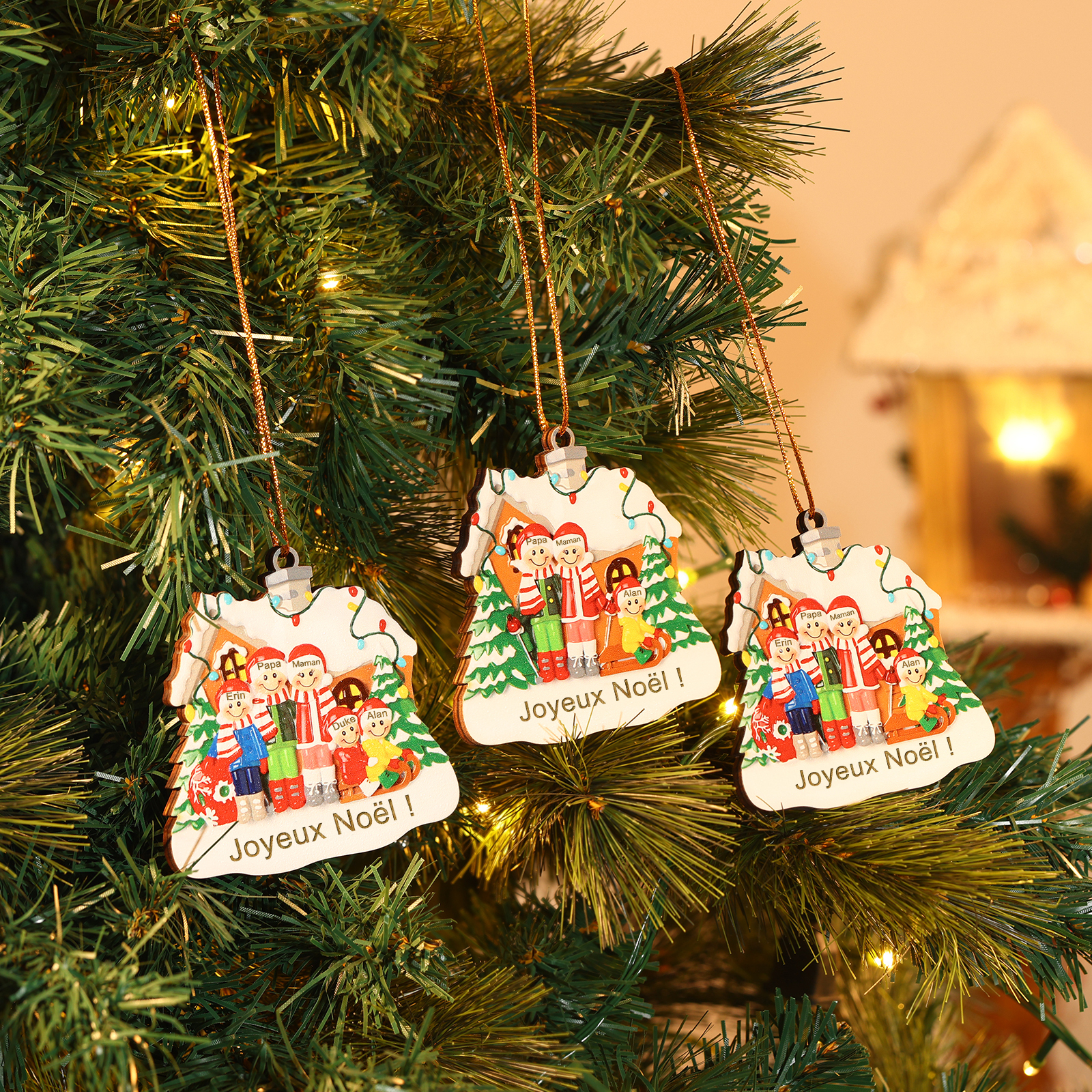Ornements en bois Sapin Noël 5 Prénoms Personnalisés avec Texte Ornement Maison et Sapin en Bois pour Famille | Jessemade