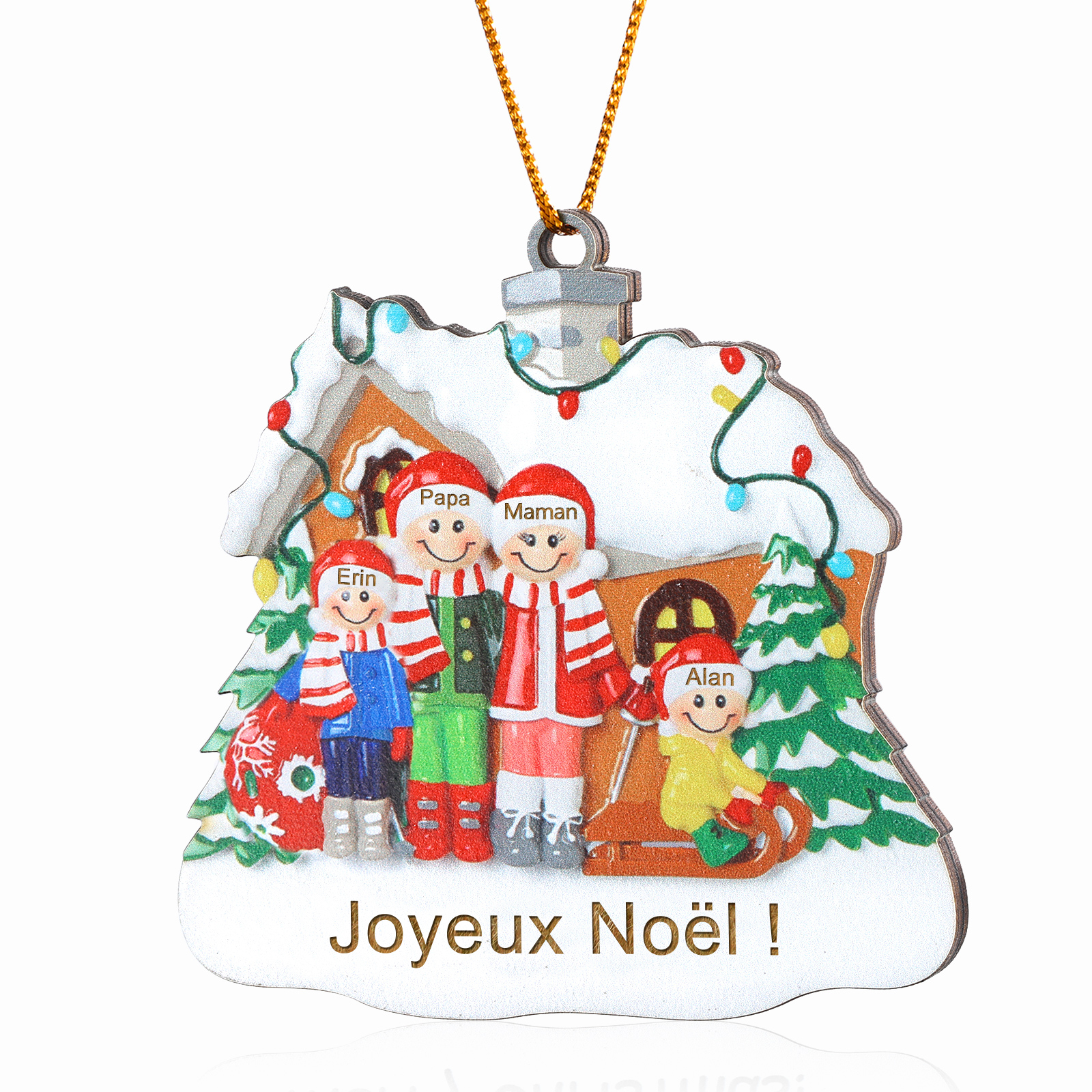 Ornements en bois Sapin Noël 4 Prénoms Personnalisés avec Texte Ornement Maison et Sapin en Bois pour Famille | Jessemade