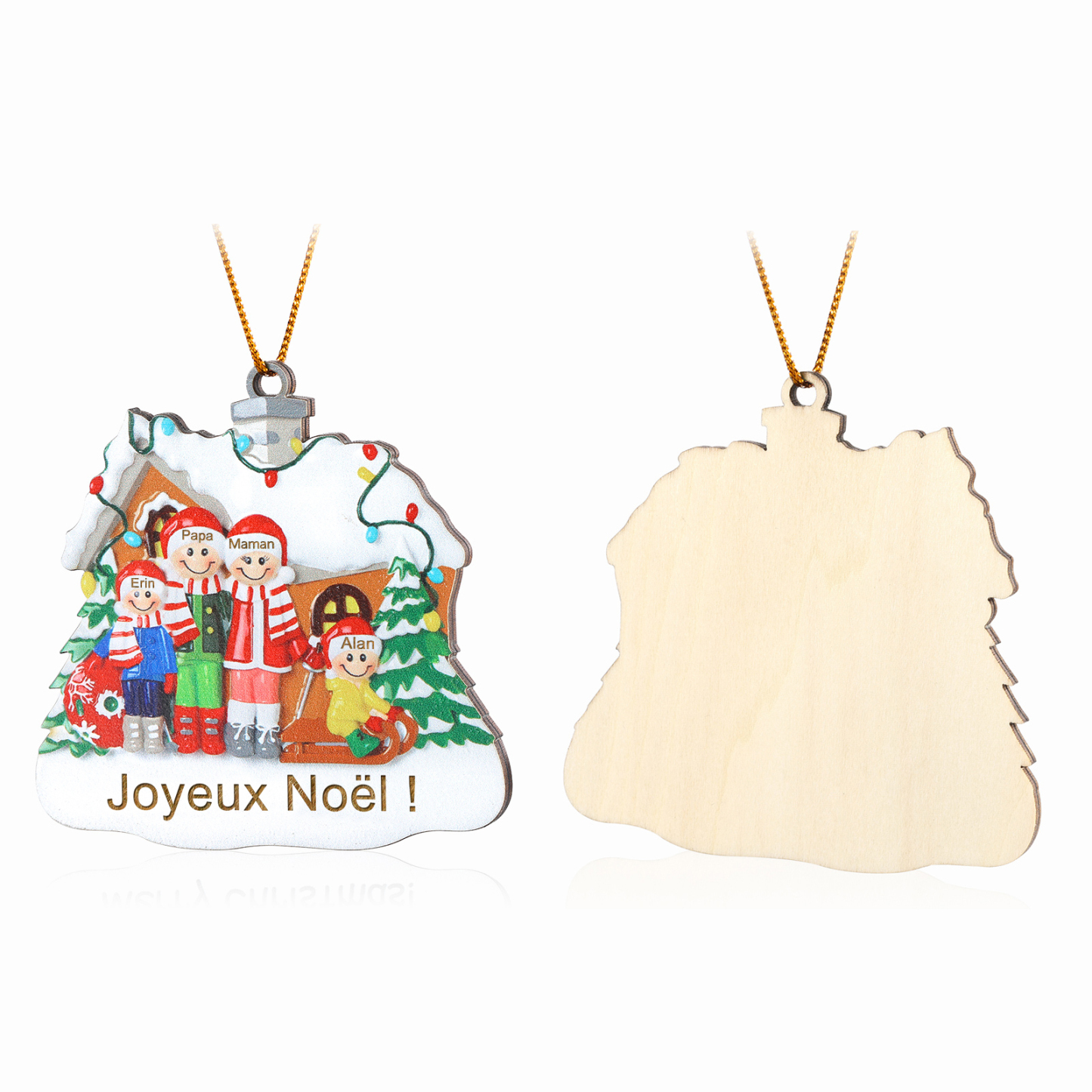 Ornements en bois Sapin Noël 4 Prénoms Personnalisés avec Texte Ornement Maison et Sapin en Bois pour Famille | Jessemade