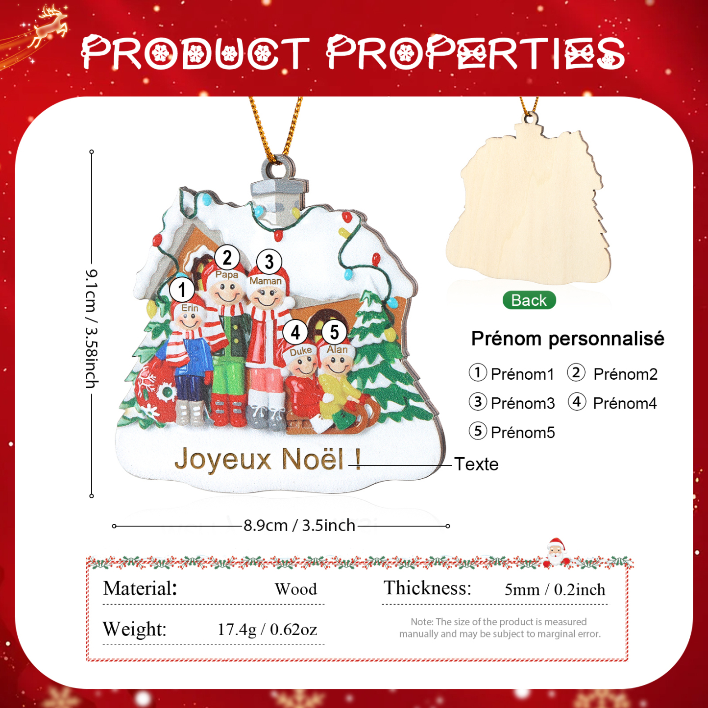 Ornements en bois Sapin Noël 5 Prénoms Personnalisés avec Texte Ornement Maison et Sapin en Bois pour Famille | Jessemade