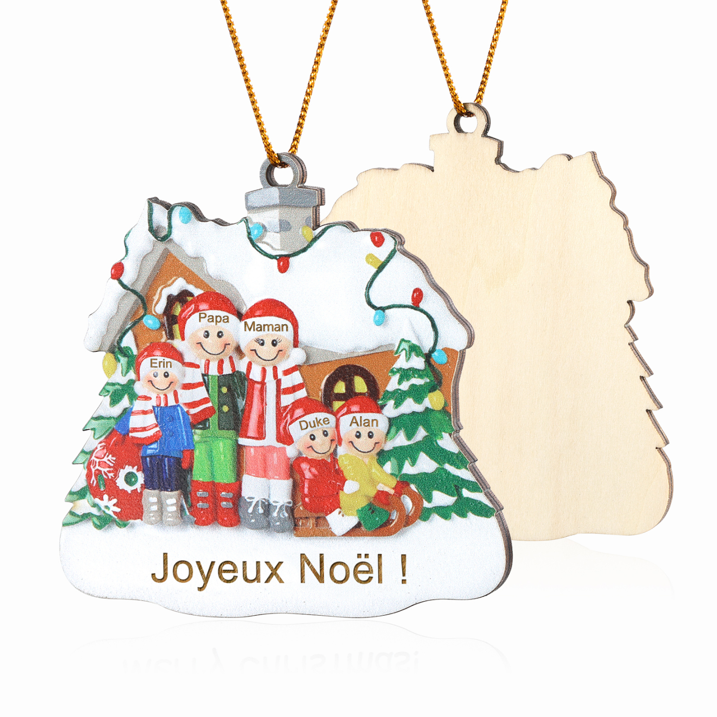 Ornements en bois Sapin Noël 5 Prénoms Personnalisés avec Texte Ornement Maison et Sapin en Bois pour Famille | Jessemade