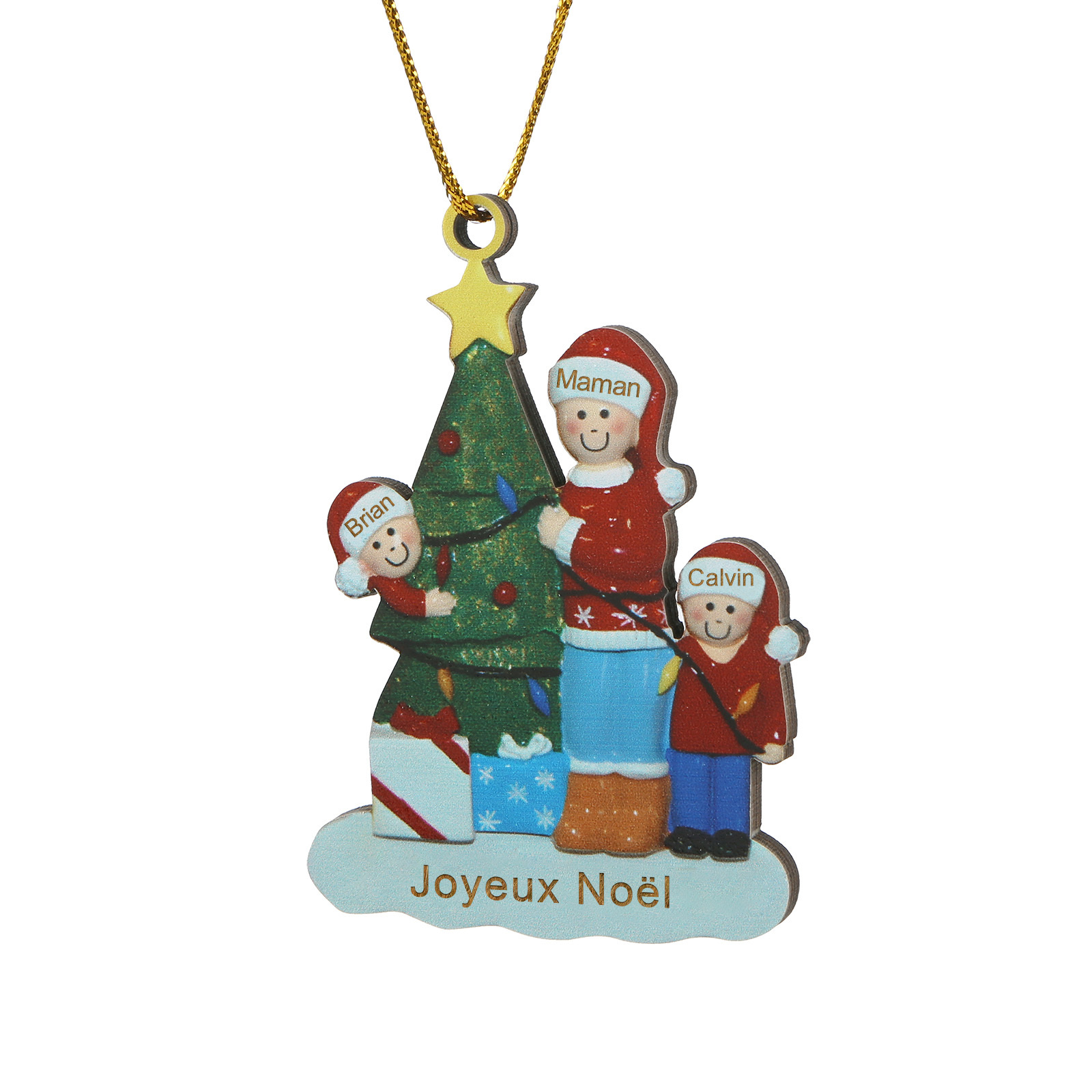 Décoration Sapin Noël en bois sapin maman et les enfants 3 Prénoms Personnalisés avec Texte Cadeau pour famille | Jessemade