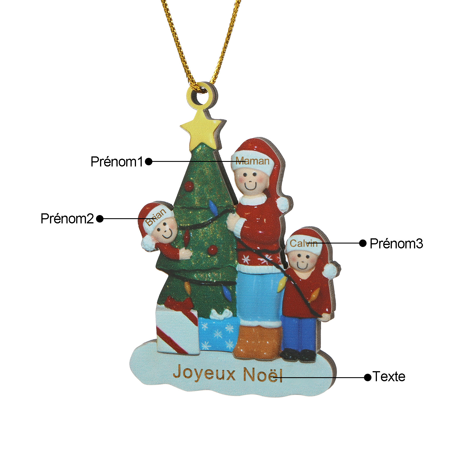 Décoration Sapin Noël en bois sapin maman et les enfants 3 Prénoms Personnalisés avec Texte Cadeau pour famille | Jessemade