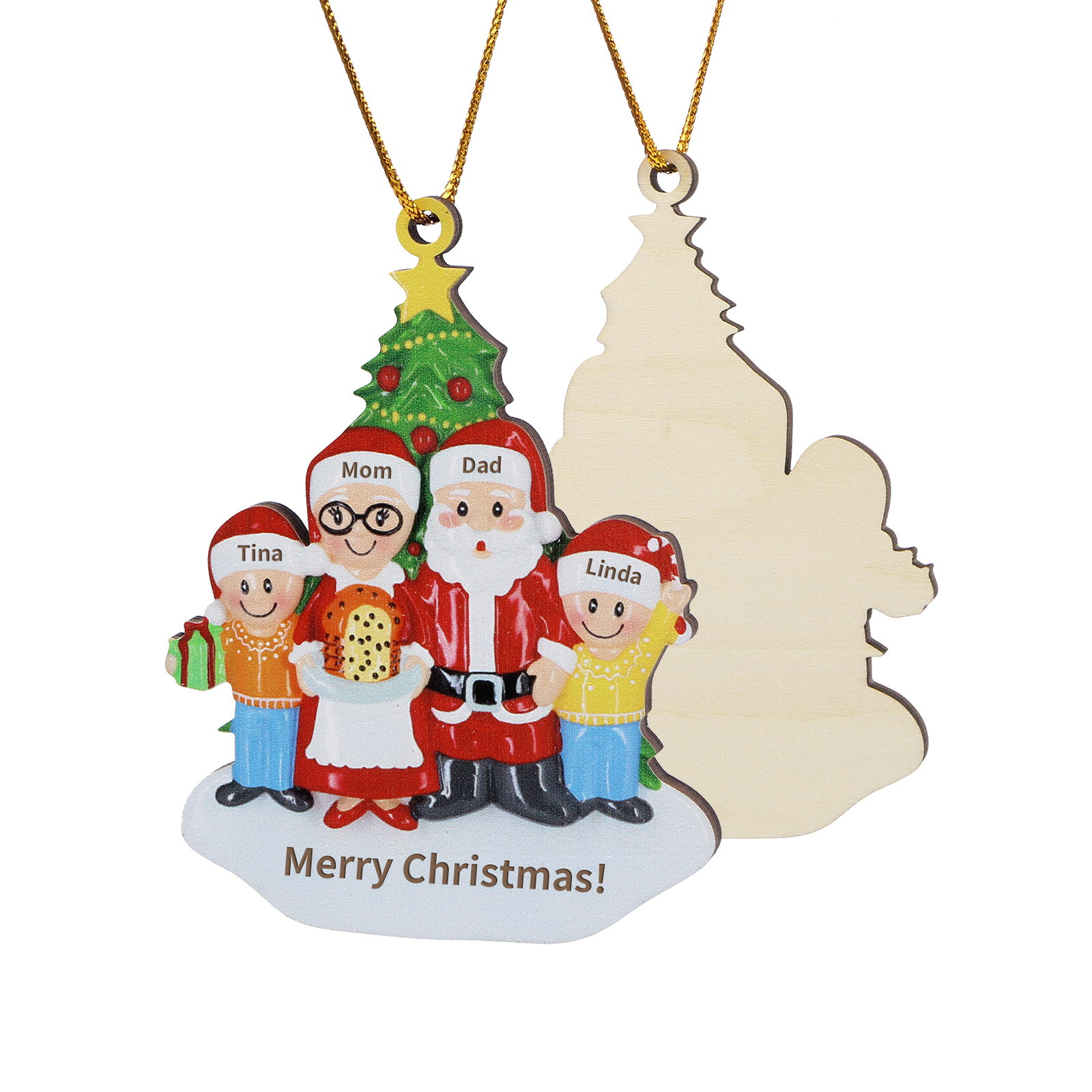 Décoration Sapin Noël en Bois Personnalisé avec 4 Prénoms et 1 Texte Ornement pour Famille | Jessemade