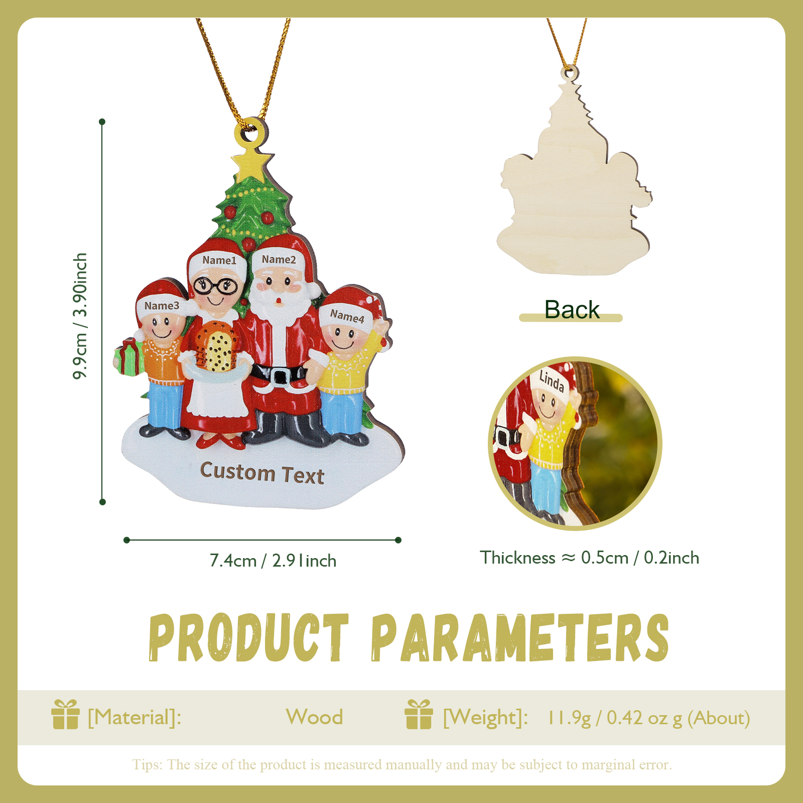 Décoration Sapin Noël en Bois Personnalisé avec 4 Prénoms et 1 Texte Ornement pour Famille | Jessemade